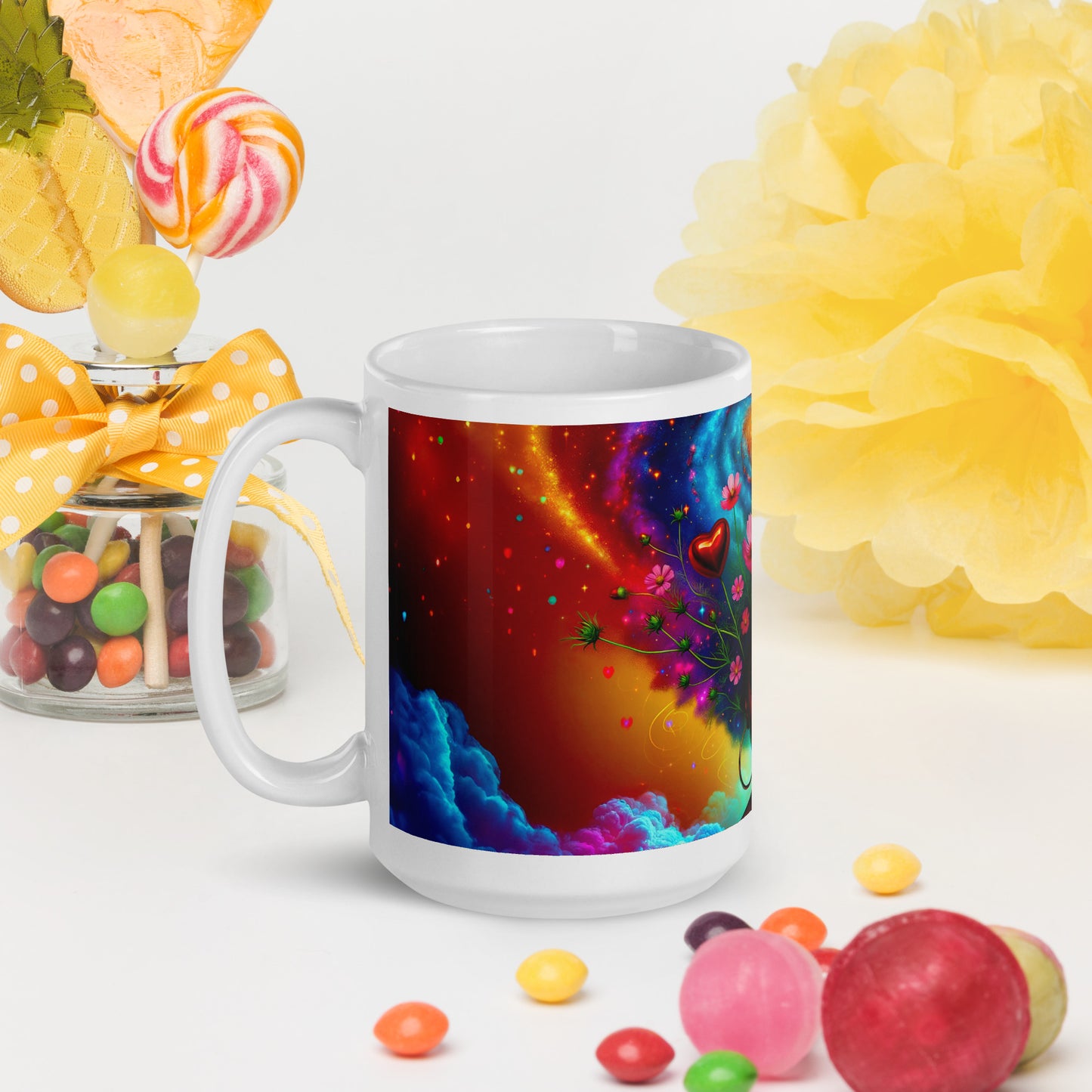 Universe's Love Blossom: African Beauty and Space Floral Fusion – Mug Wrap v1 - 15oz