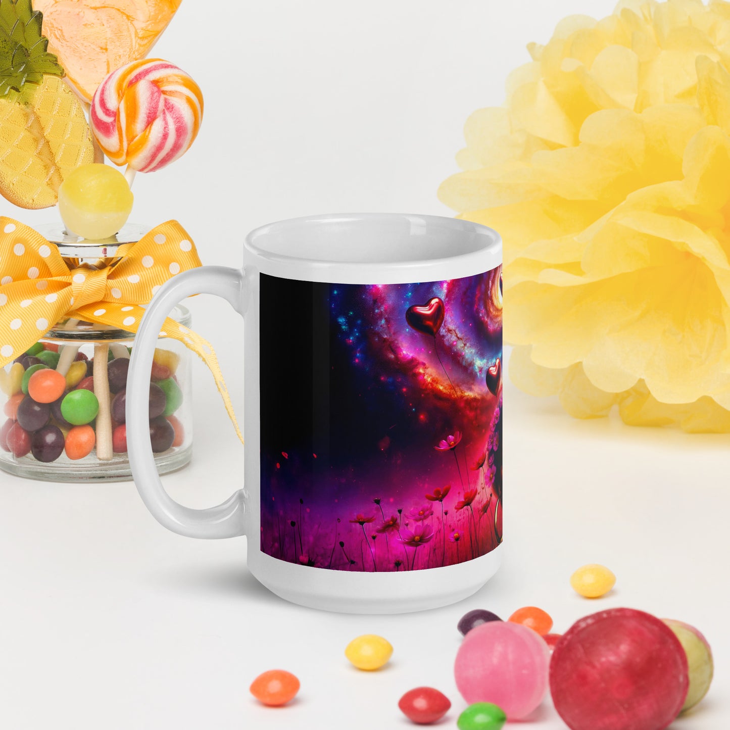 Universe's Love Blossom: African Beauty and Space Floral Fusion – Mug Wrap v2 -15oz