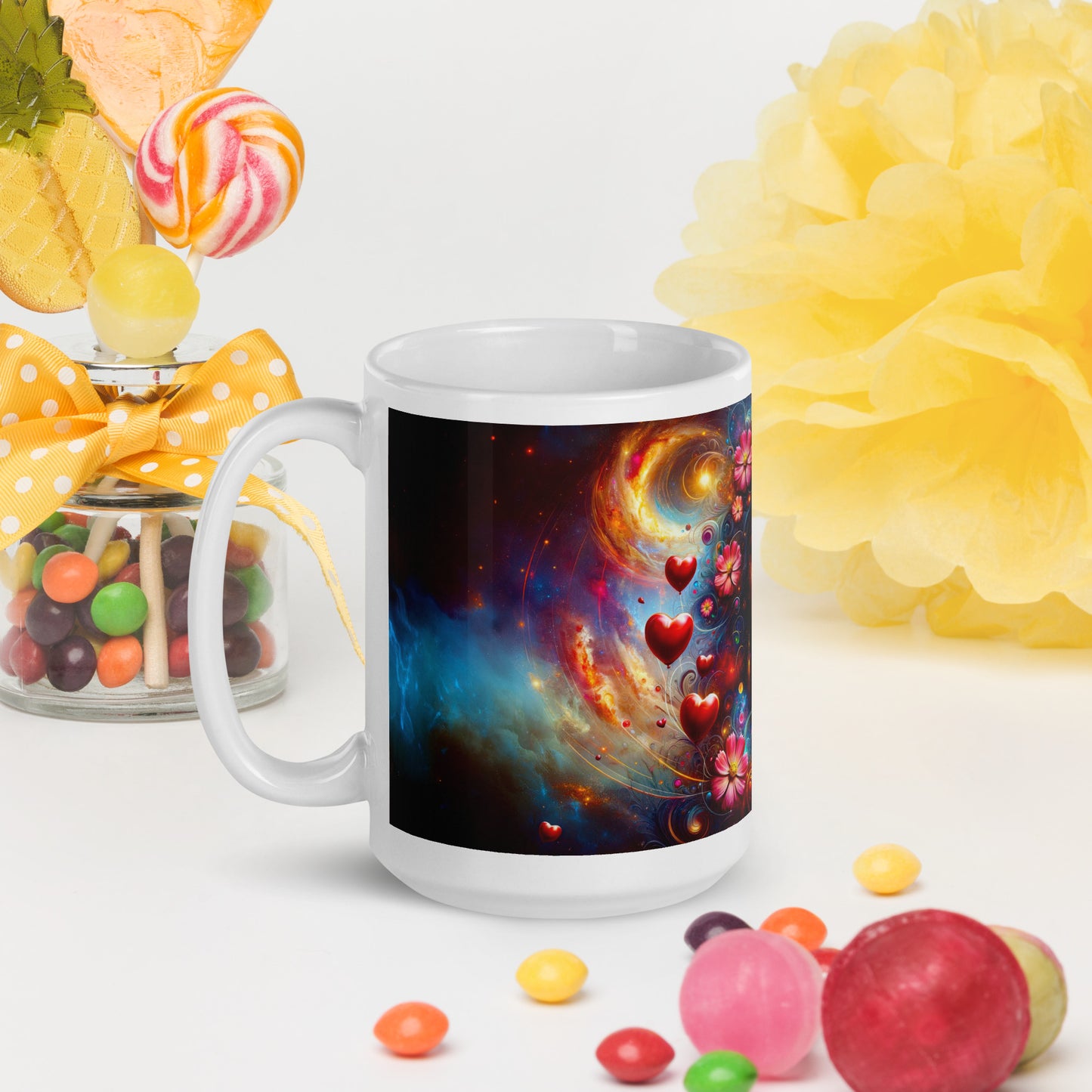 Universe's Love Blossom: African Beauty and Space Floral Fusion – Mug Wrap v3 -15oz