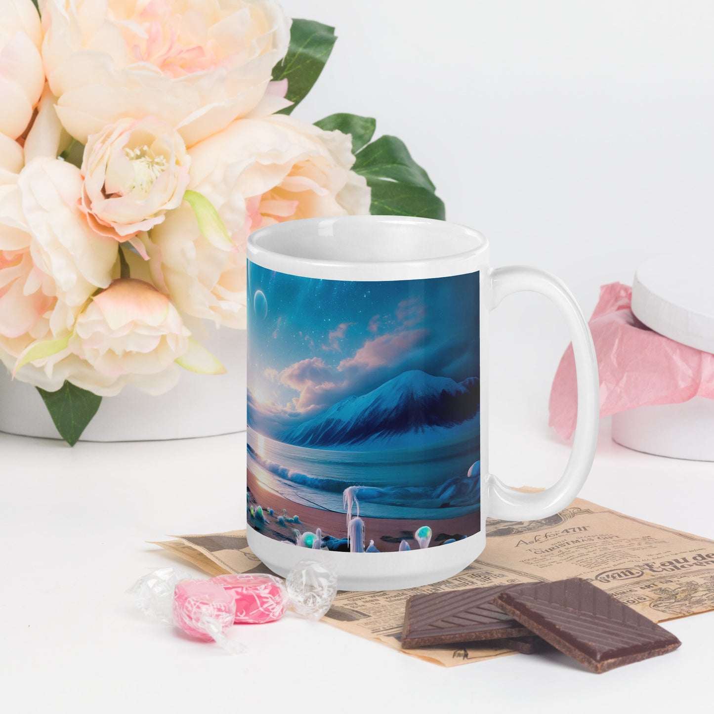 Serene Alien Beach v3 Mug Wrap 15oz - Unique Space-Themed Artistic Mugs