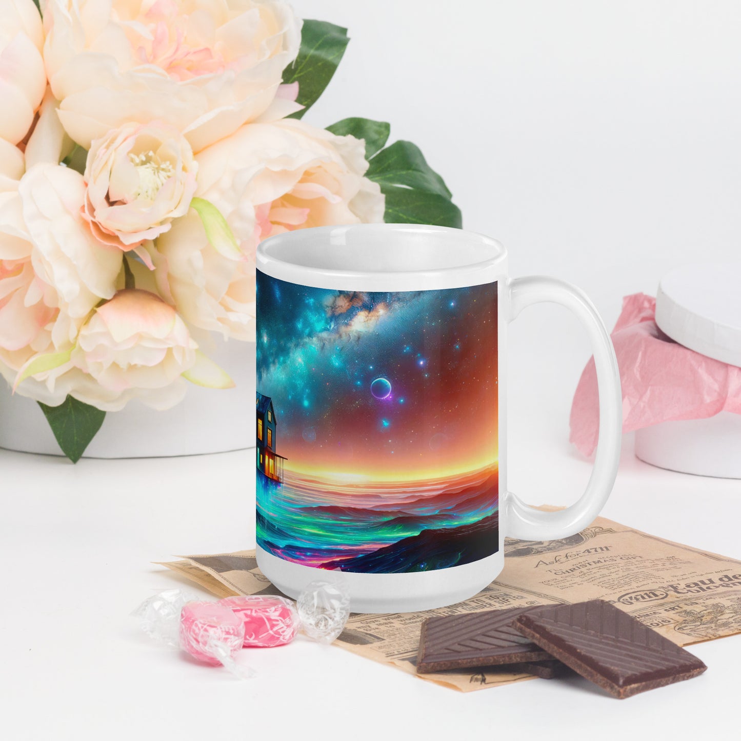 Cosmic Sanctuary: Interstellar Abode Amidst Nebulae - Mug Wrap v1 - 15oz