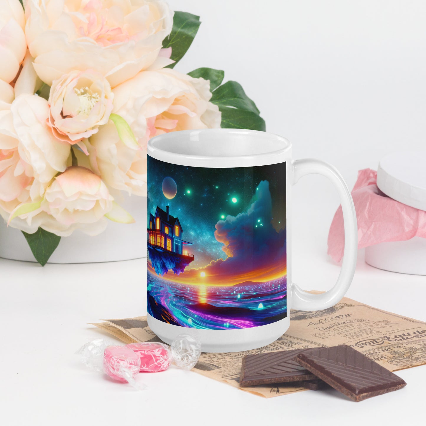 Cosmic Sanctuary: Interstellar Abode Amidst Nebulae - Mug Wrap v2 - 15oz