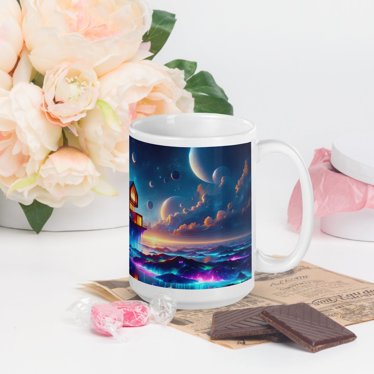 Cosmic Sanctuary: Interstellar Abode Amidst Nebulae - Mug Wrap v4 - 15oz