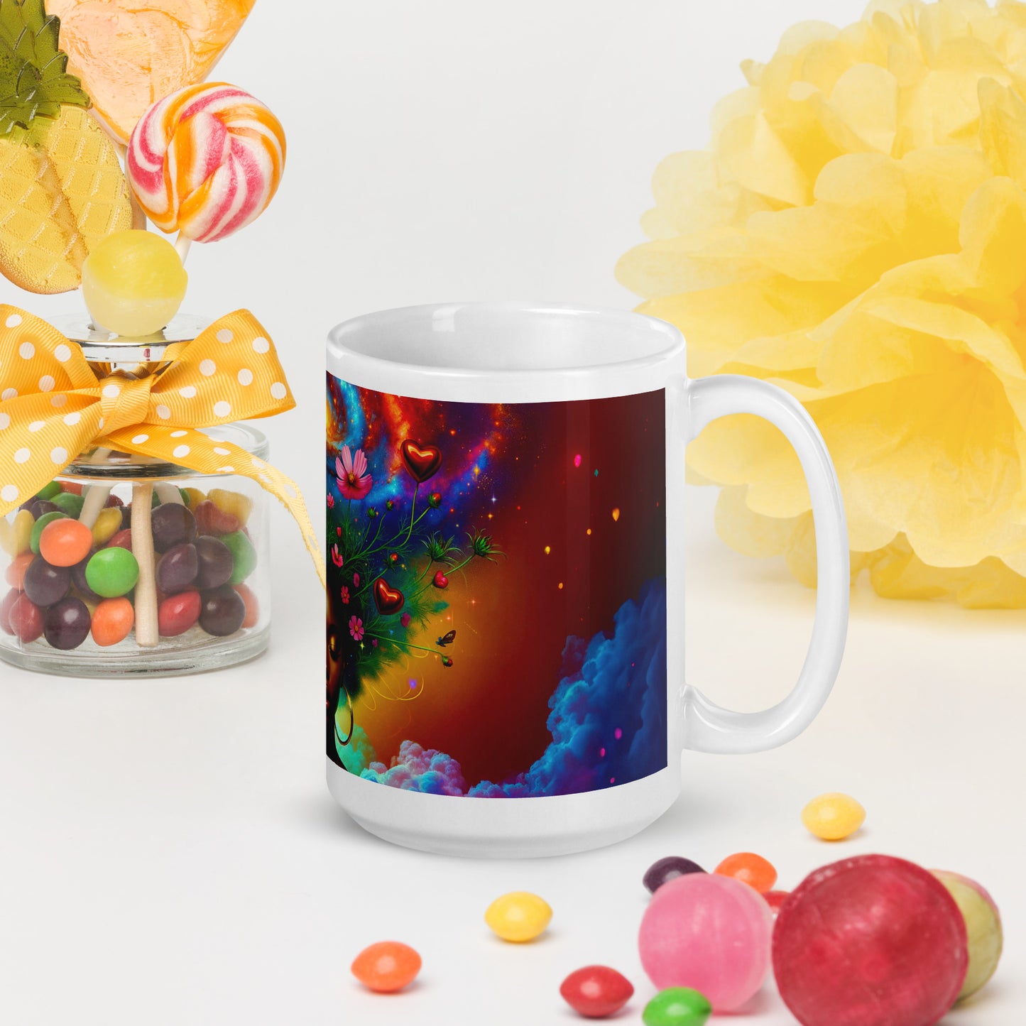 Universe's Love Blossom: African Beauty and Space Floral Fusion – Mug Wrap v1 - 15oz