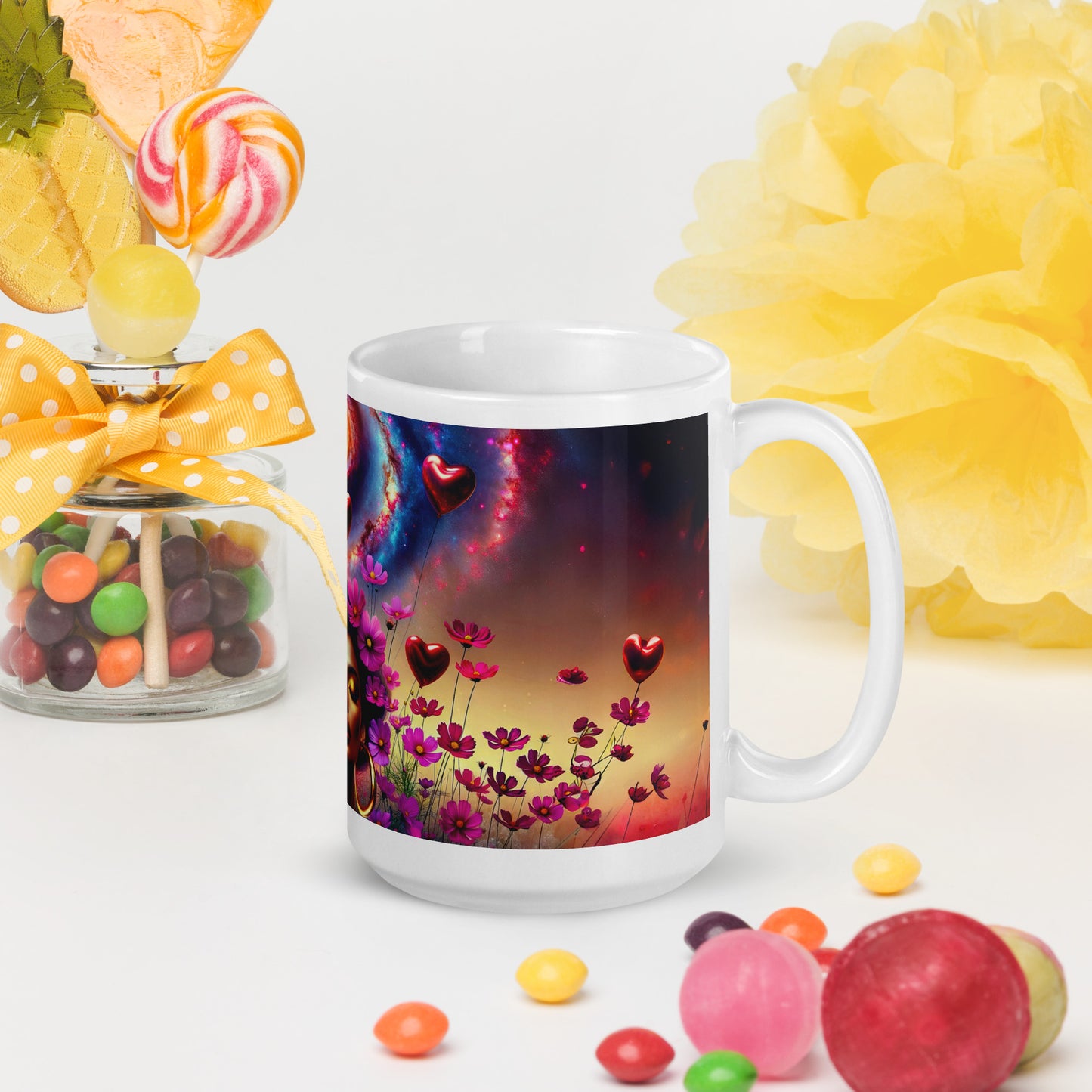 Universe's Love Blossom: African Beauty and Space Floral Fusion – Mug Wrap v2 -15oz