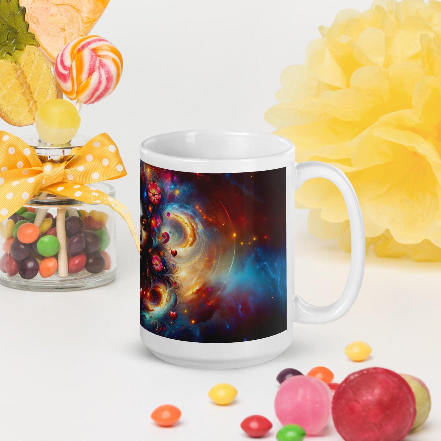 Universe's Love Blossom: African Beauty and Space Floral Fusion – Mug Wrap v3 -15oz