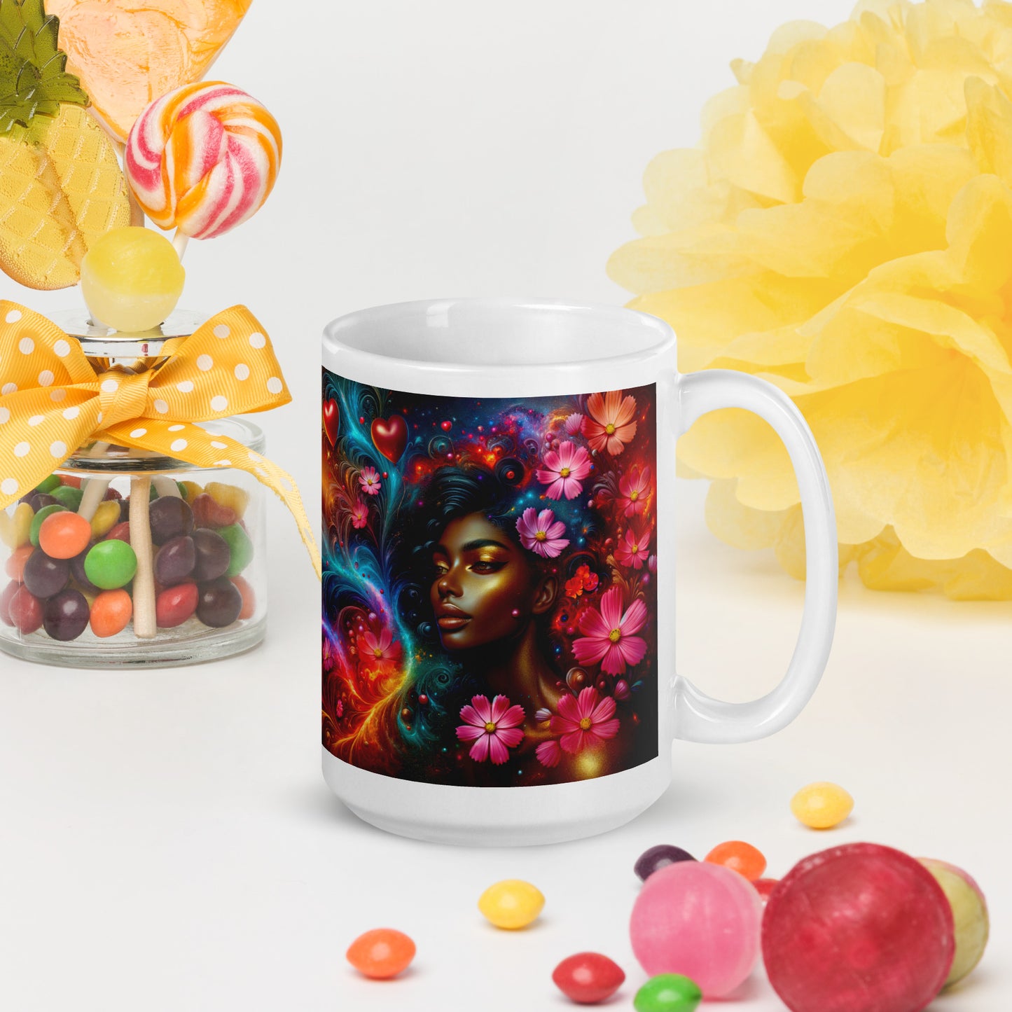 Universe's Love Blossom: African Beauty and Space Floral Fusion – Mug Wrap v4 -15oz