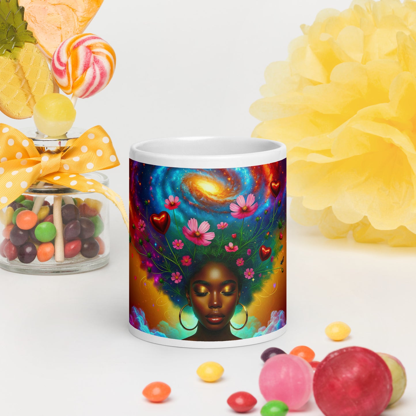 Universe's Love Blossom: African Beauty and Space Floral Fusion – Mug Wrap v1 -20oz