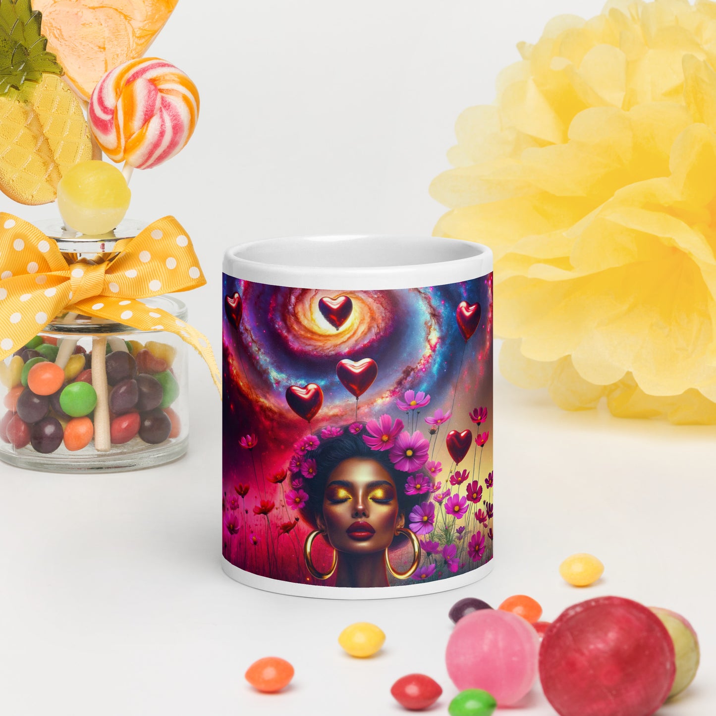 Universe's Love Blossom: African Beauty and Space Floral Fusion – Mug Wrap v2 -20oz