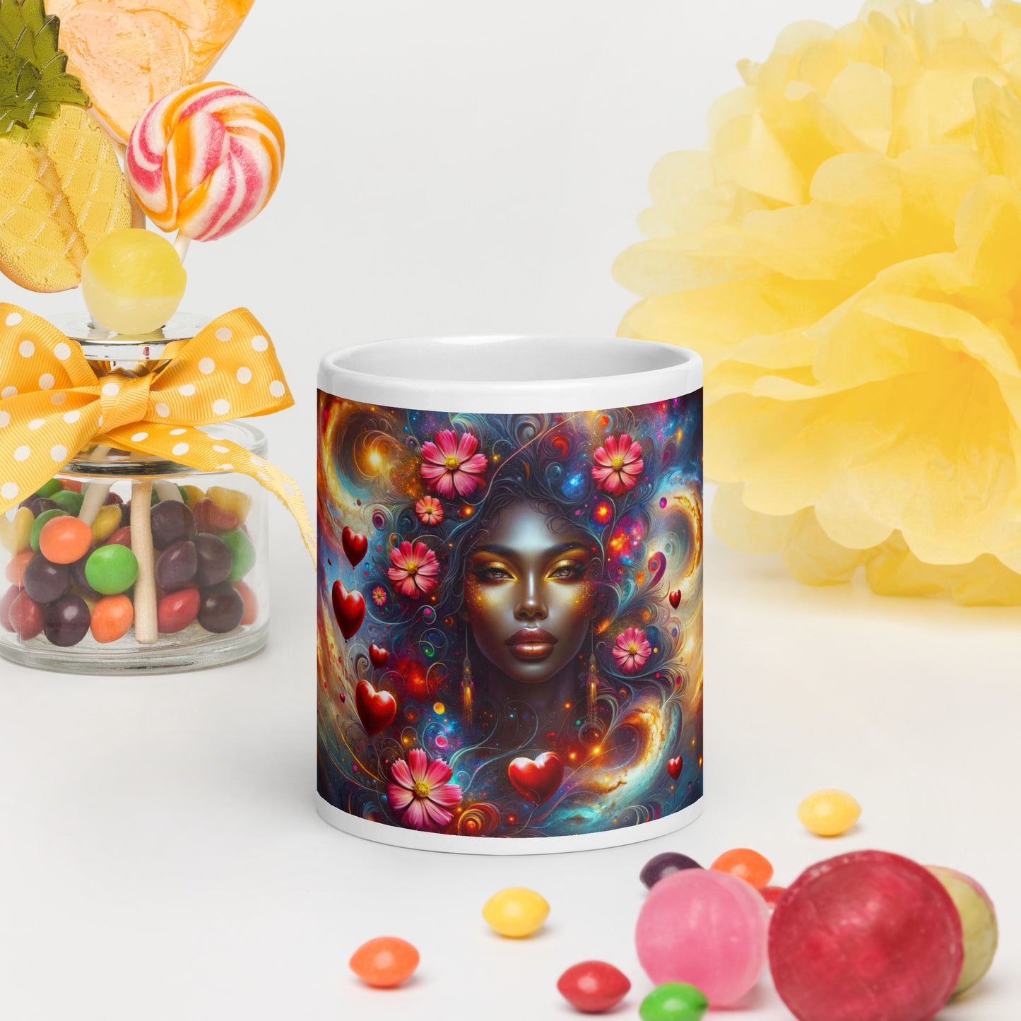 Universe's Love Blossom: African Beauty and Space Floral Fusion – Mug Wrap v3 -20oz