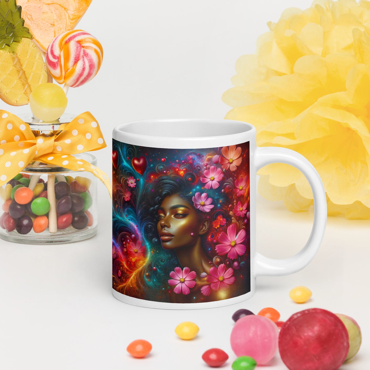 Universe's Love Blossom: African Beauty and Space Floral Fusion – Mug Wrap v4 -20oz