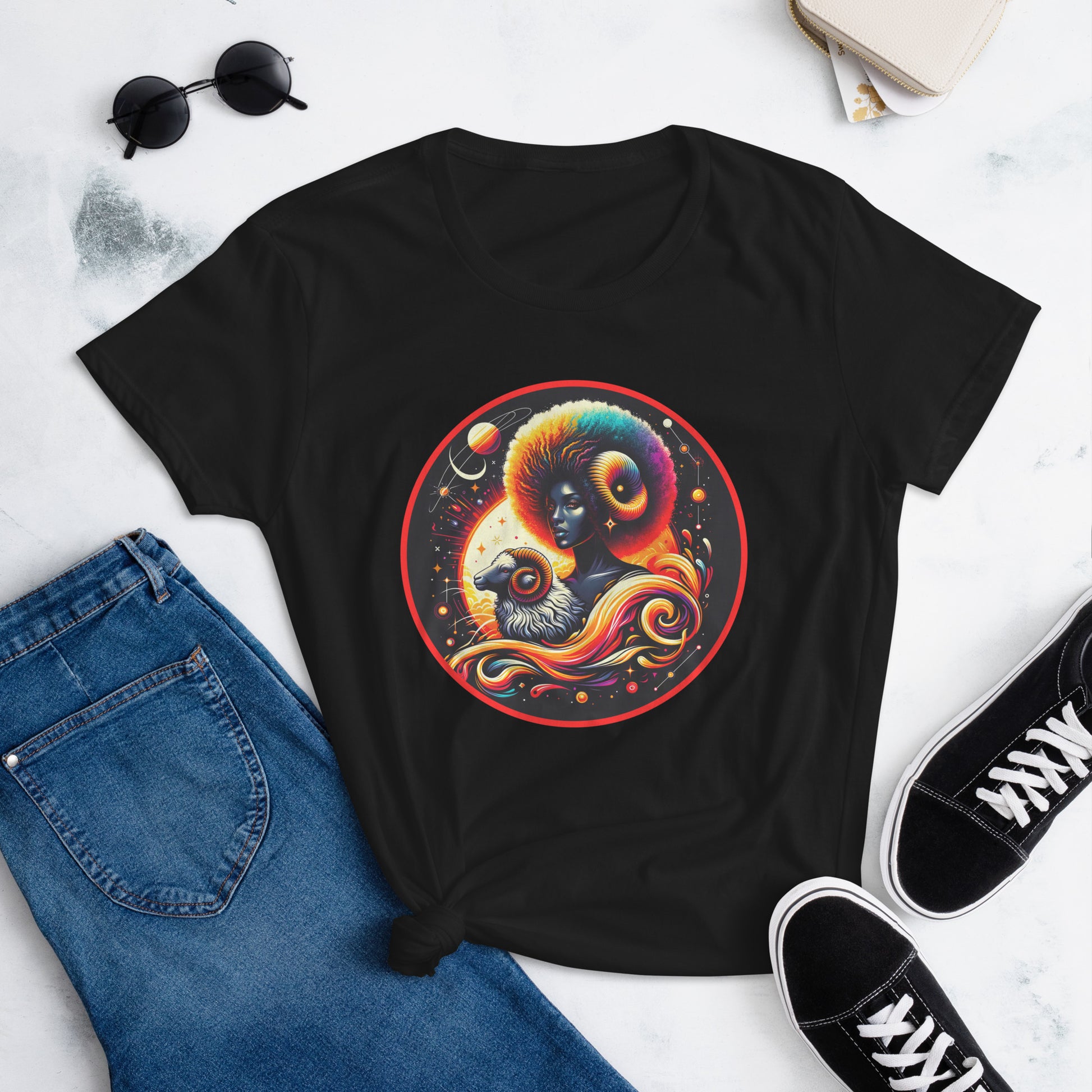 Vibrant Aries-themed artwork featuring a stylized Black woman and ram, symbolizing astrological leadership and Black female empowerment. On a tShirt.