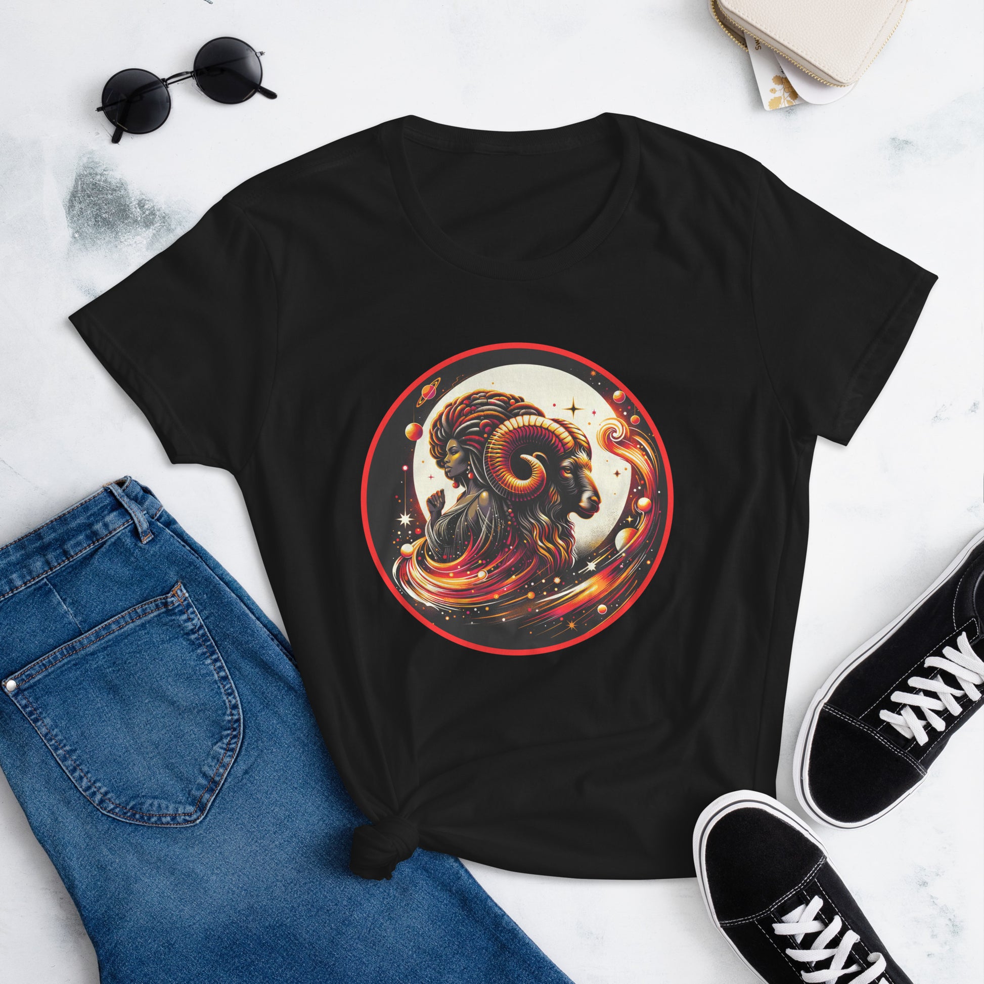 Vibrant Aries-themed artwork featuring a stylized Black woman and ram, symbolizing astrological leadership and Black female empowerment. On a tShirt.