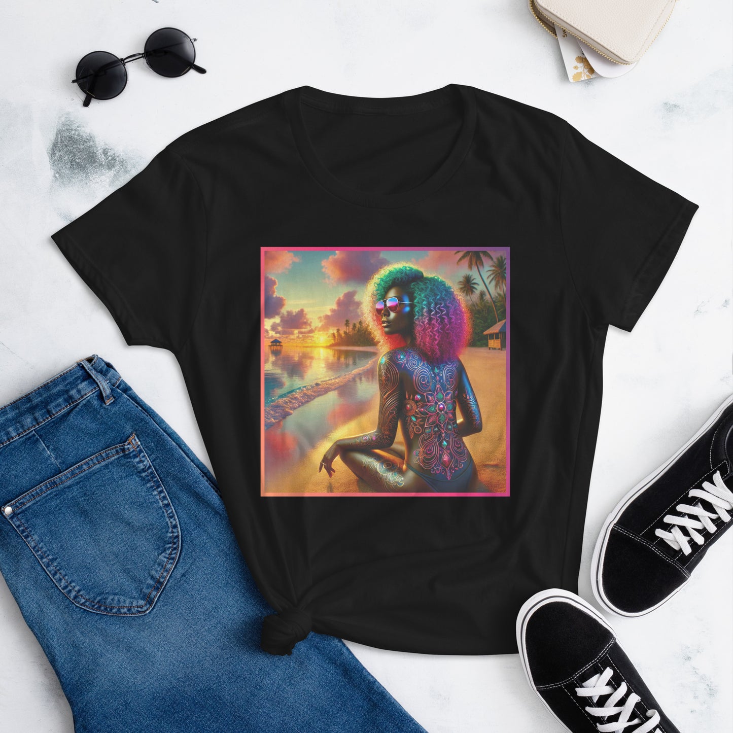 A vibrant, artistic t-shirt design featuring a strong Black woman with colorful curly hair, wearing reflective sunglasses, sitting on a beach at sunset. The background includes palm trees, beach huts, and a stunning gradient sky, showcasing empowerment, beauty, and confidence.