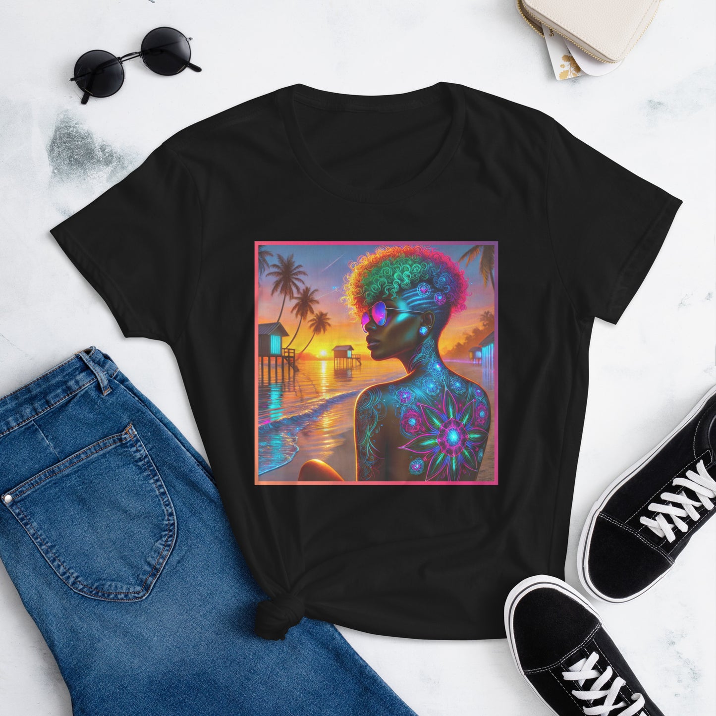 A vibrant, artistic t-shirt design featuring a strong Black woman with colorful curly hair, wearing reflective sunglasses, sitting on a beach at sunset. The background includes palm trees, beach huts, and a stunning gradient sky, showcasing empowerment, beauty, and confidence.