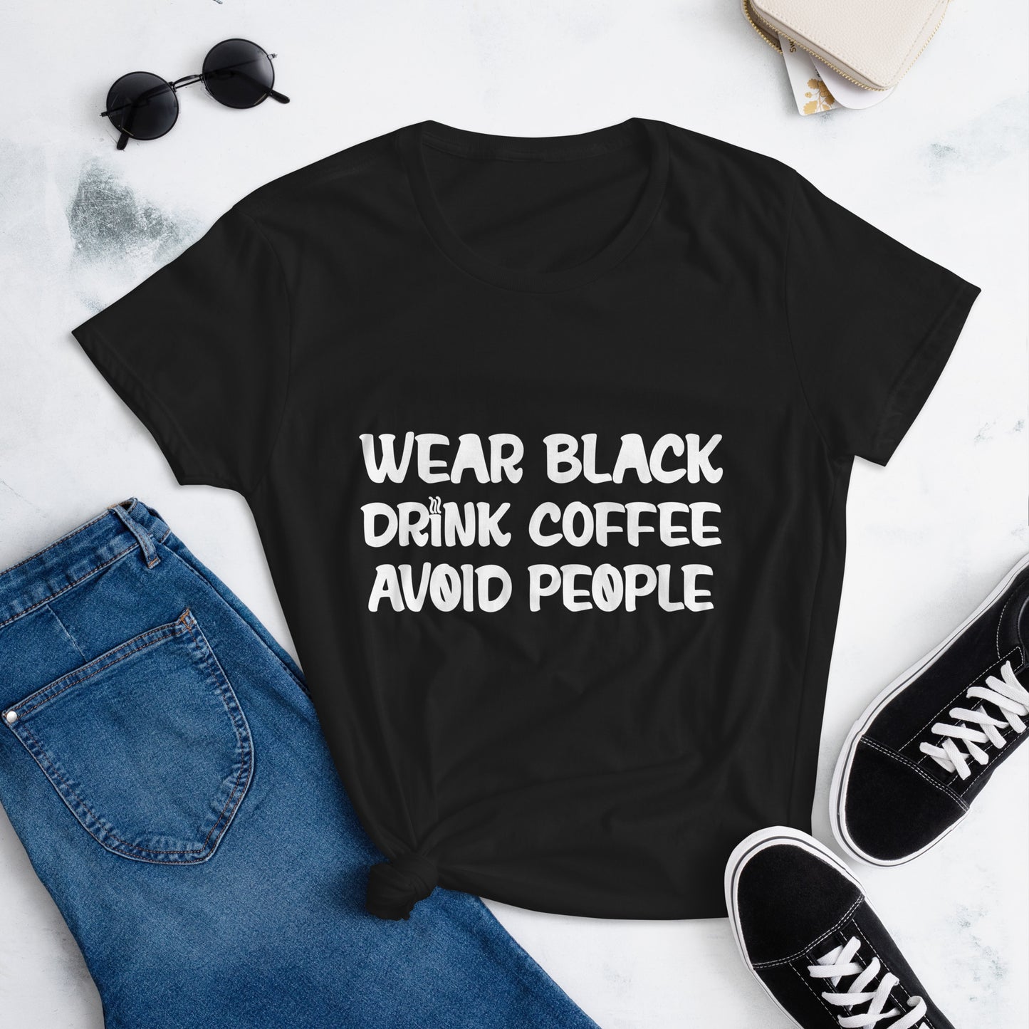 Black t-shirt with bold white text that reads 'Black, Coffee, People' designed for coffee lovers and introverts. The shirt features a minimalist design, emphasizing a love for coffee and quiet moments, perfect for casual wear.