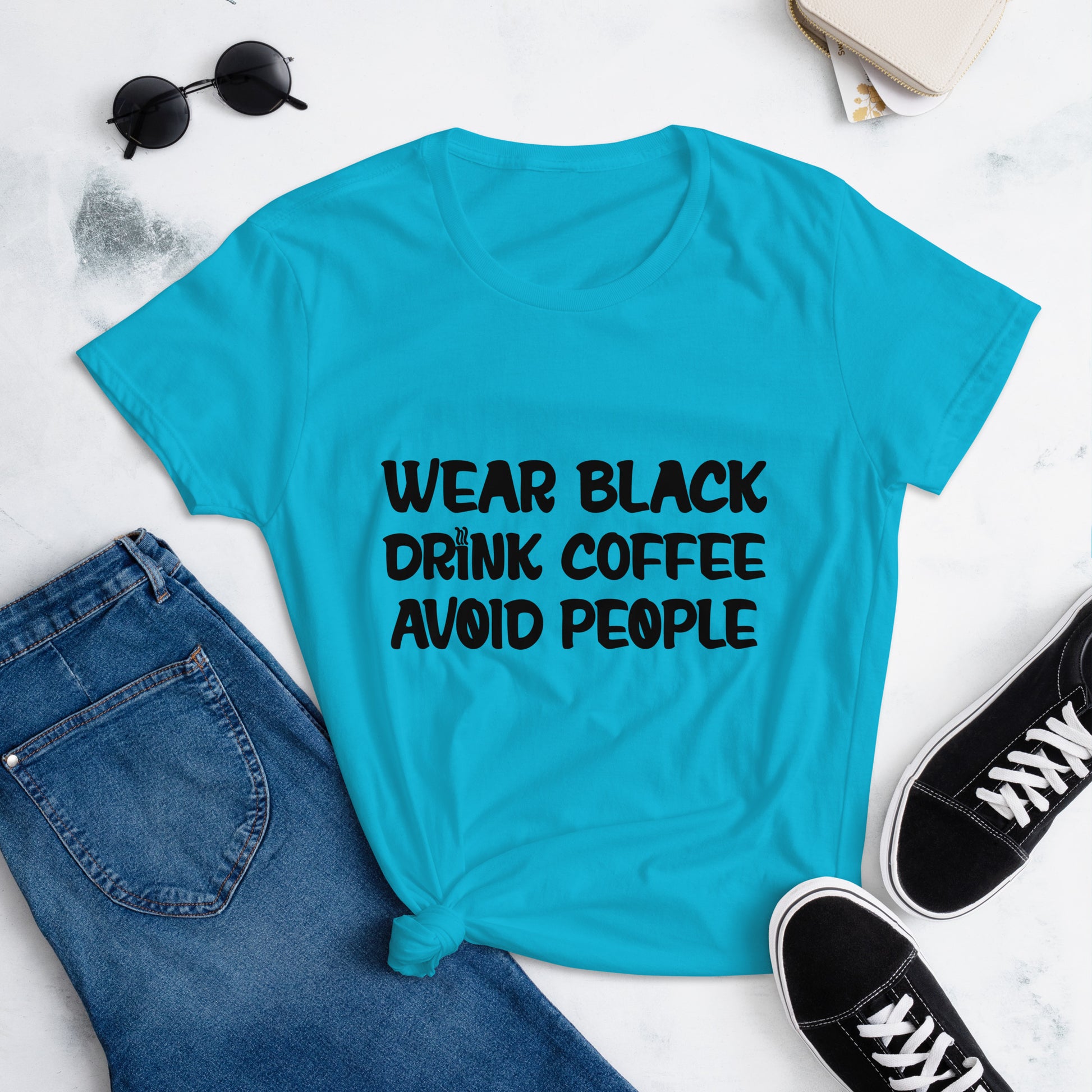 Black t-shirt with bold white text that reads 'Black, Coffee, People' designed for coffee lovers and introverts. The shirt features a minimalist design, emphasizing a love for coffee and quiet moments, perfect for casual wear.