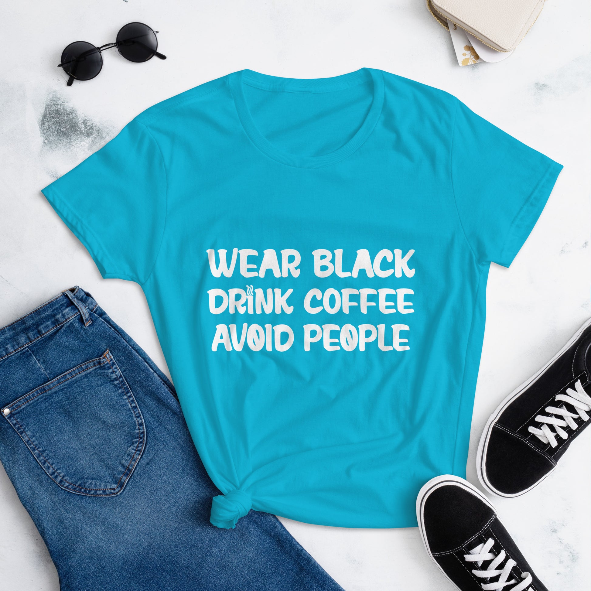 Black t-shirt with bold white text that reads 'Black, Coffee, People' designed for coffee lovers and introverts. The shirt features a minimalist design, emphasizing a love for coffee and quiet moments, perfect for casual wear.