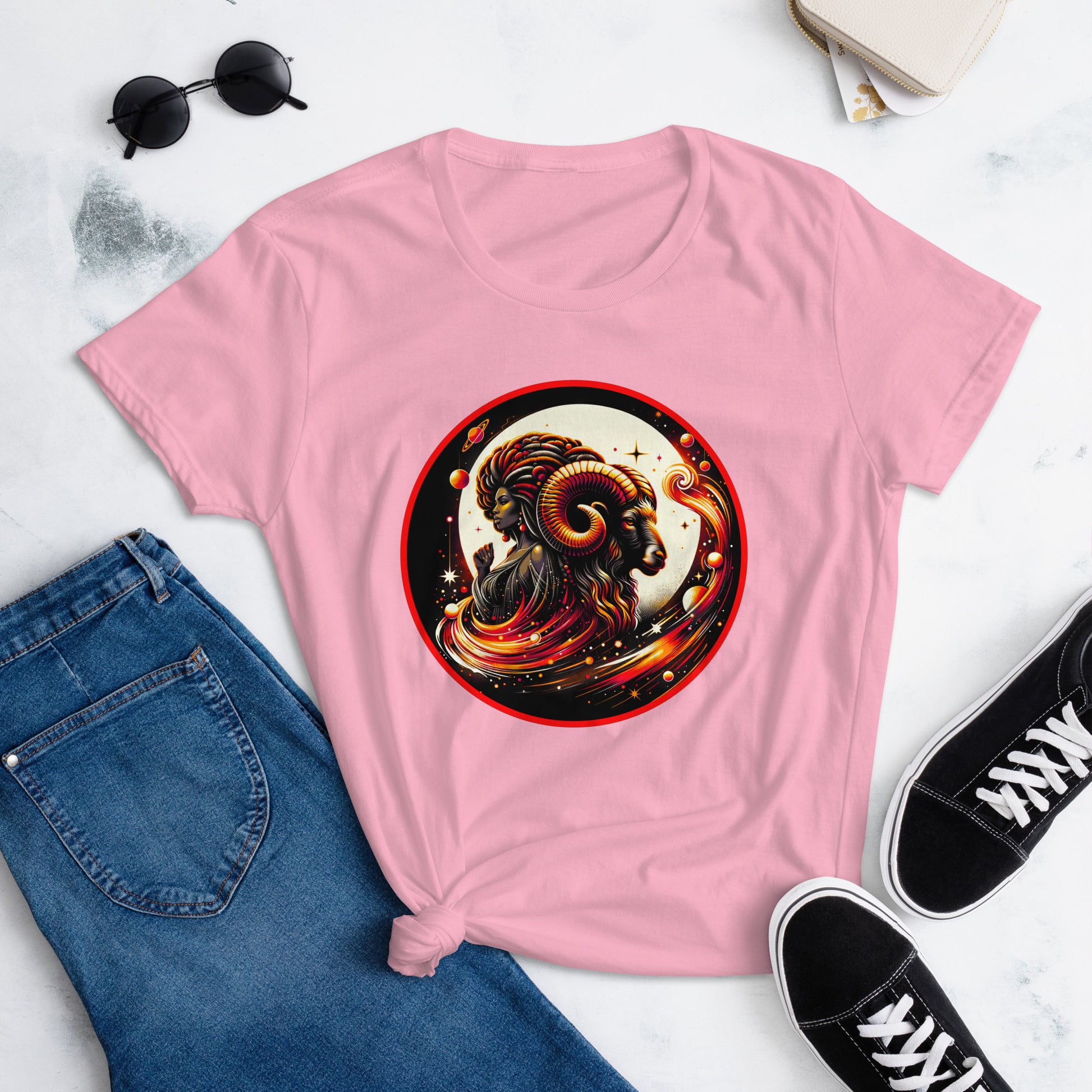 Vibrant Aries-themed artwork featuring a stylized Black woman and ram, symbolizing astrological leadership and Black female empowerment. On a tShirt.