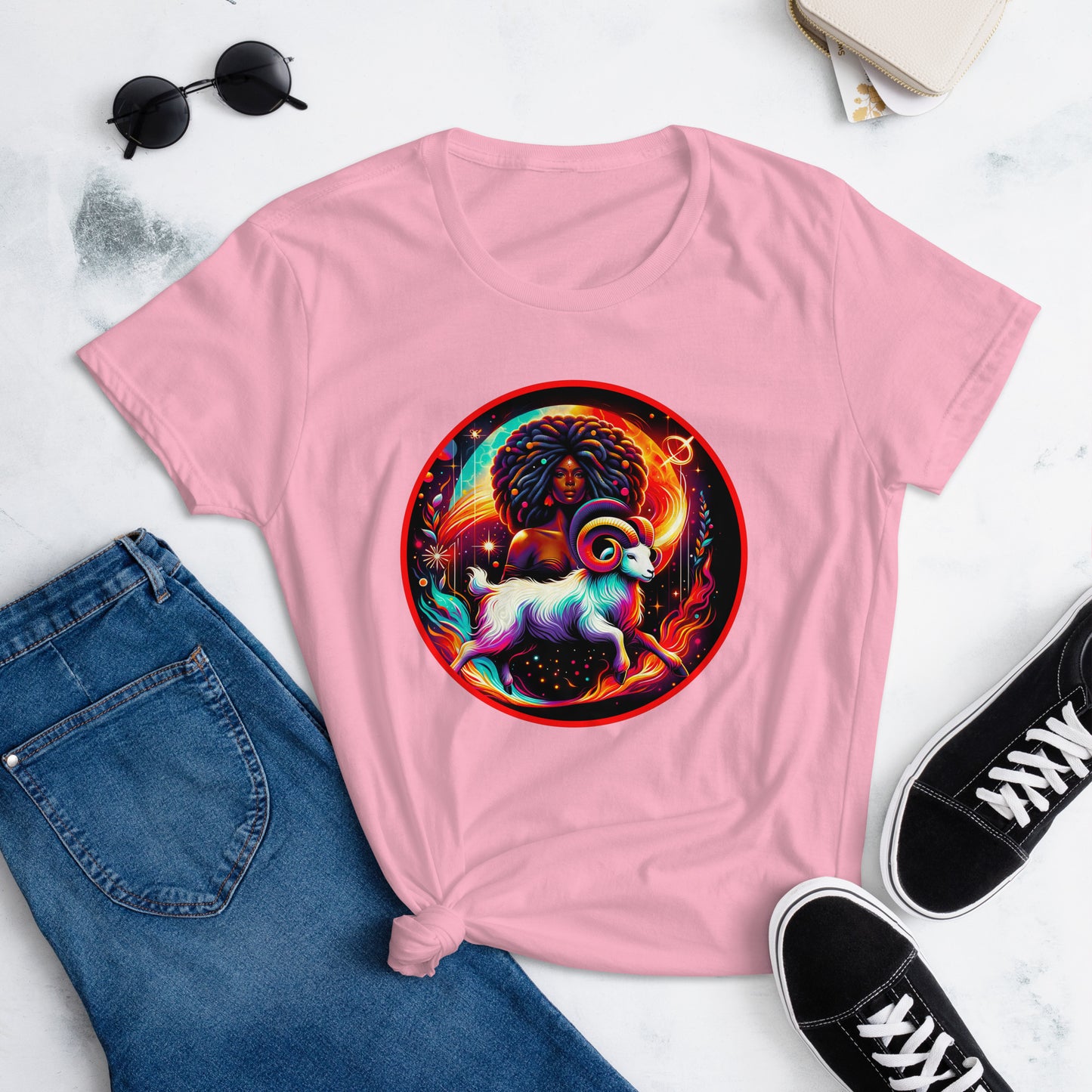 Vibrant Aries-themed artwork featuring a stylized Black woman and ram, symbolizing astrological leadership and Black female empowerment. On a tShirt.