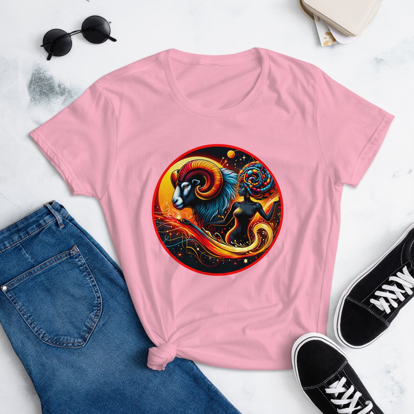 Vibrant Aries-themed artwork featuring a stylized Black woman and ram, symbolizing astrological leadership and Black female empowerment. On a tShirt.