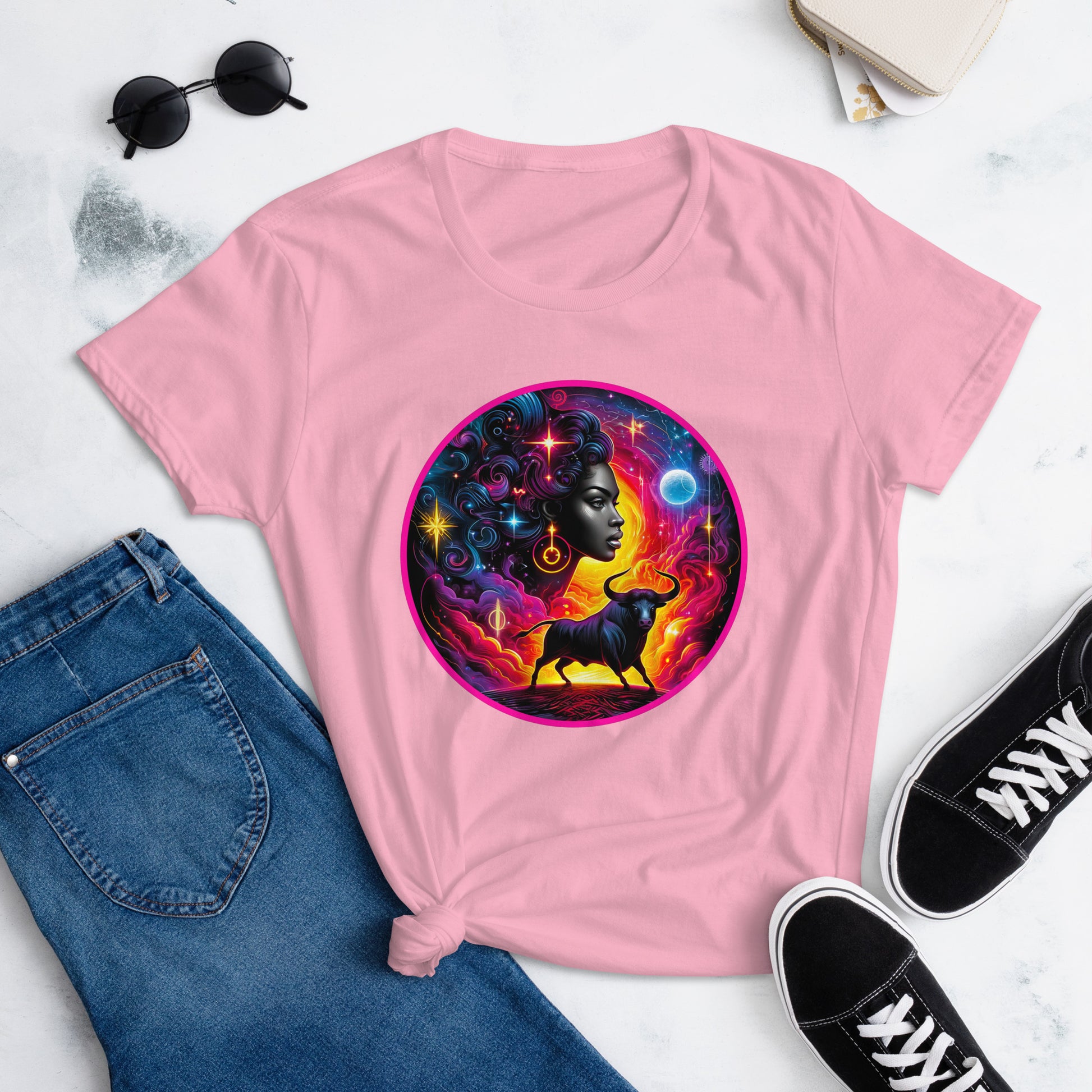 An enchanting Taurus Zodiac Wonders design on a T-shirt, highlighting a powerful Black woman, celestial bodies, and a mythological bull amidst a vibrant cosmic backdrop.