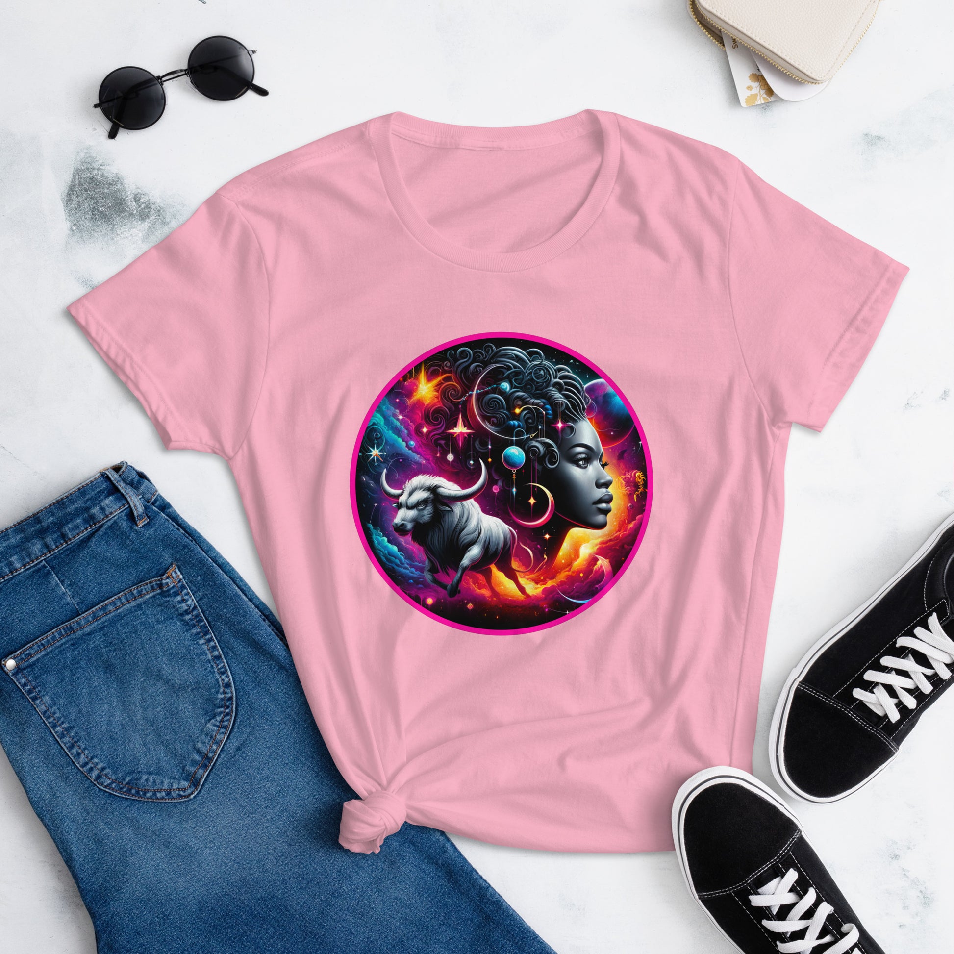 An enchanting Taurus Zodiac Wonders design on a T-shirt, highlighting a powerful Black woman, celestial bodies, and a mythological bull amidst a vibrant cosmic backdrop.