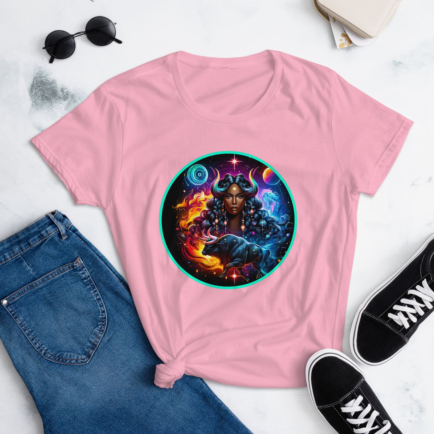 An enchanting Taurus Zodiac Wonders design on a T-shirt, highlighting a powerful Black woman, celestial bodies, and a mythological bull amidst a vibrant cosmic backdrop.