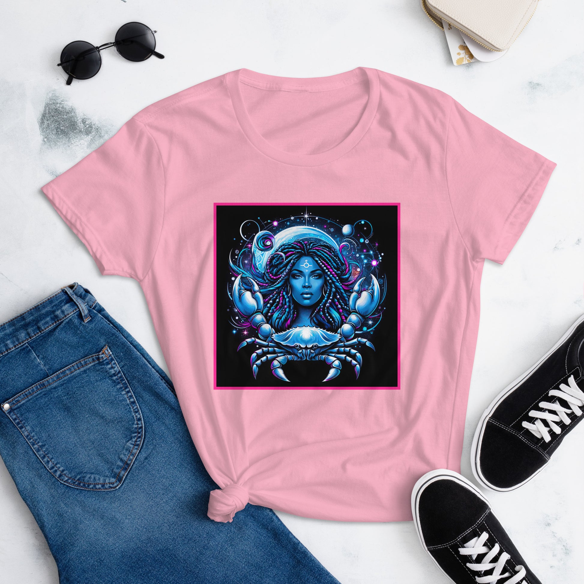 Illustration of a powerful Black woman with flowing dreadlocks, surrounded by a mystical Cancer zodiac crab and celestial elements, symbolizing strength and astrological magic.