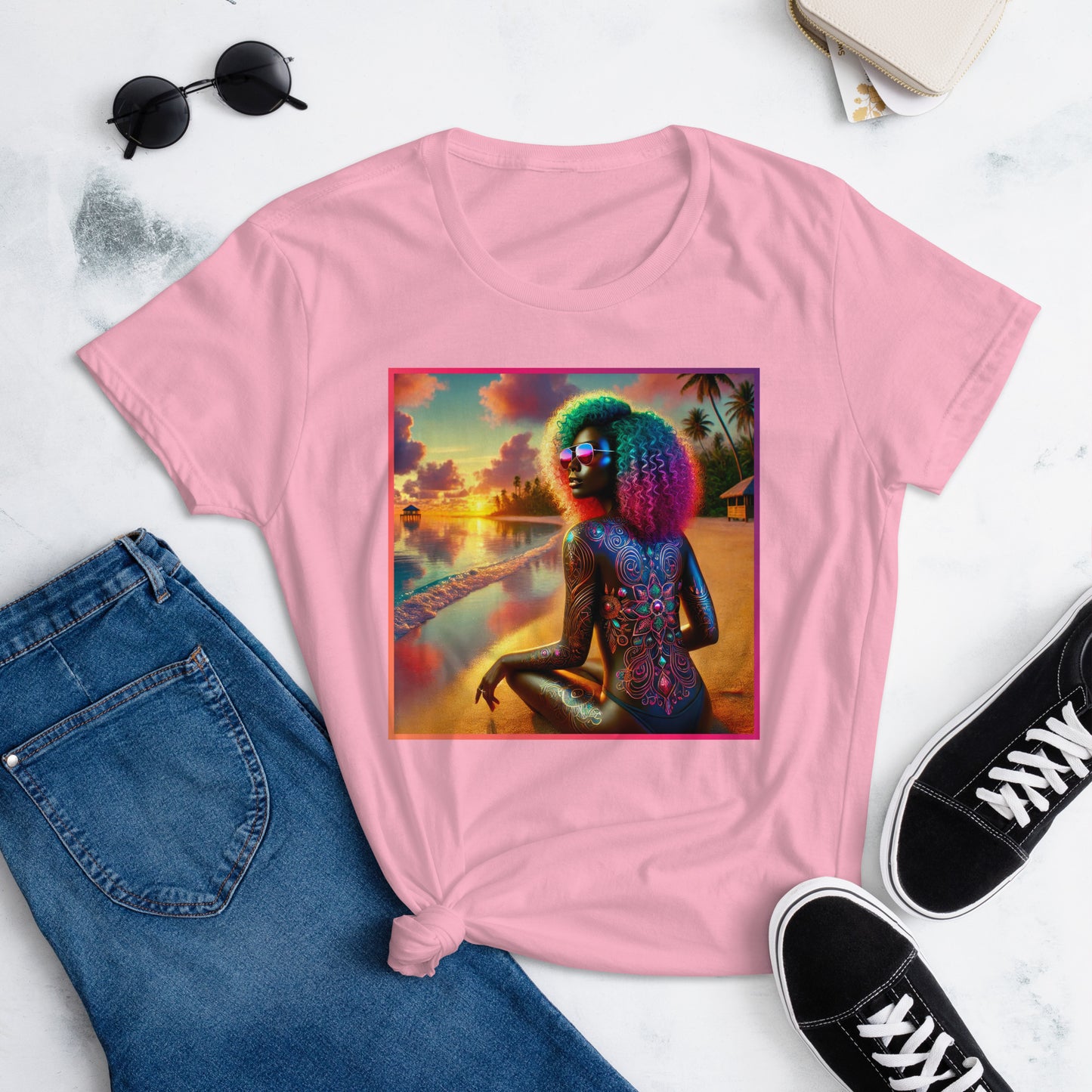 A vibrant, artistic t-shirt design featuring a strong Black woman with colorful curly hair, wearing reflective sunglasses, sitting on a beach at sunset. The background includes palm trees, beach huts, and a stunning gradient sky, showcasing empowerment, beauty, and confidence.