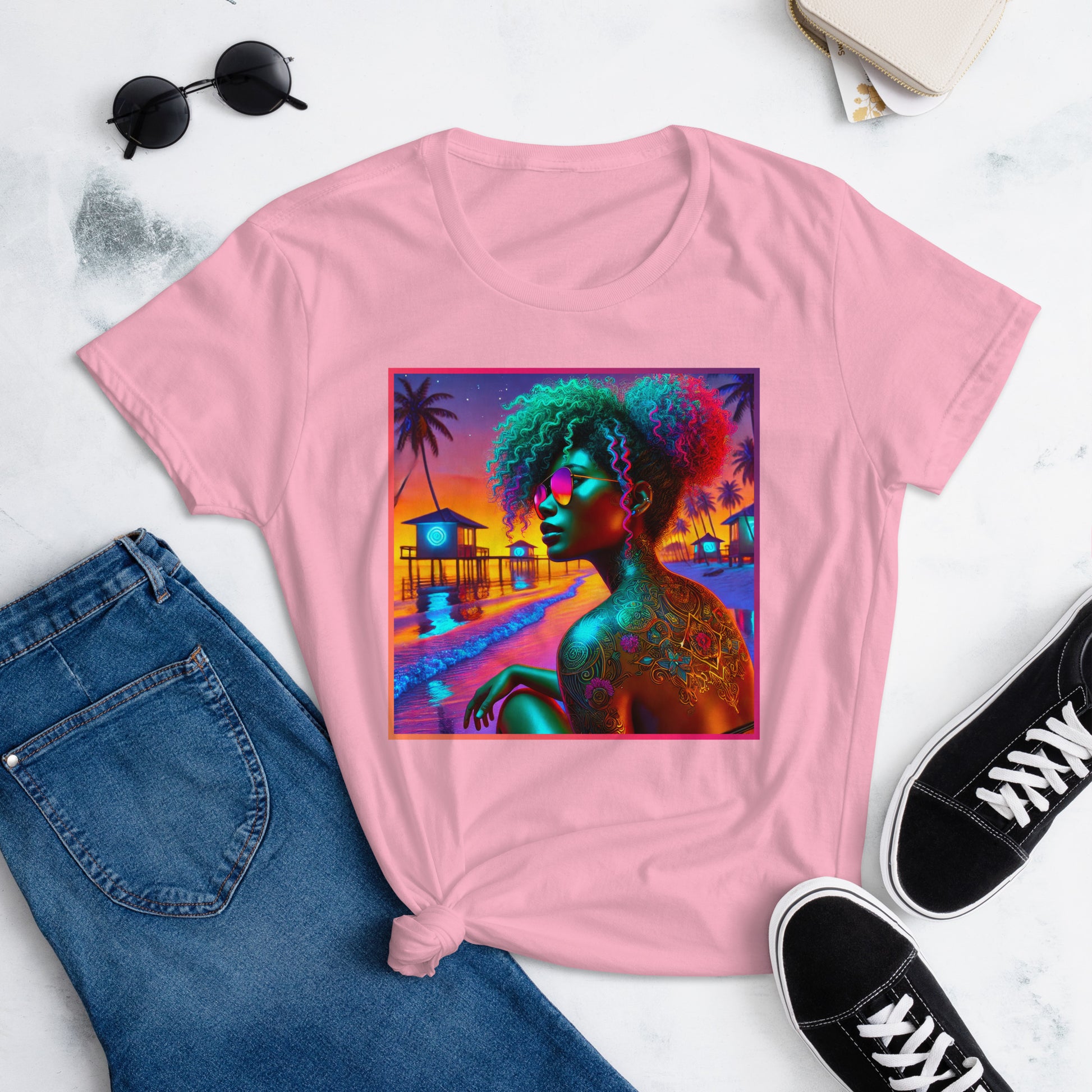 A vibrant, artistic t-shirt design featuring a strong Black woman with colorful curly hair, wearing reflective sunglasses, sitting on a beach at sunset. The background includes palm trees, beach huts, and a stunning gradient sky, showcasing empowerment, beauty, and confidence.