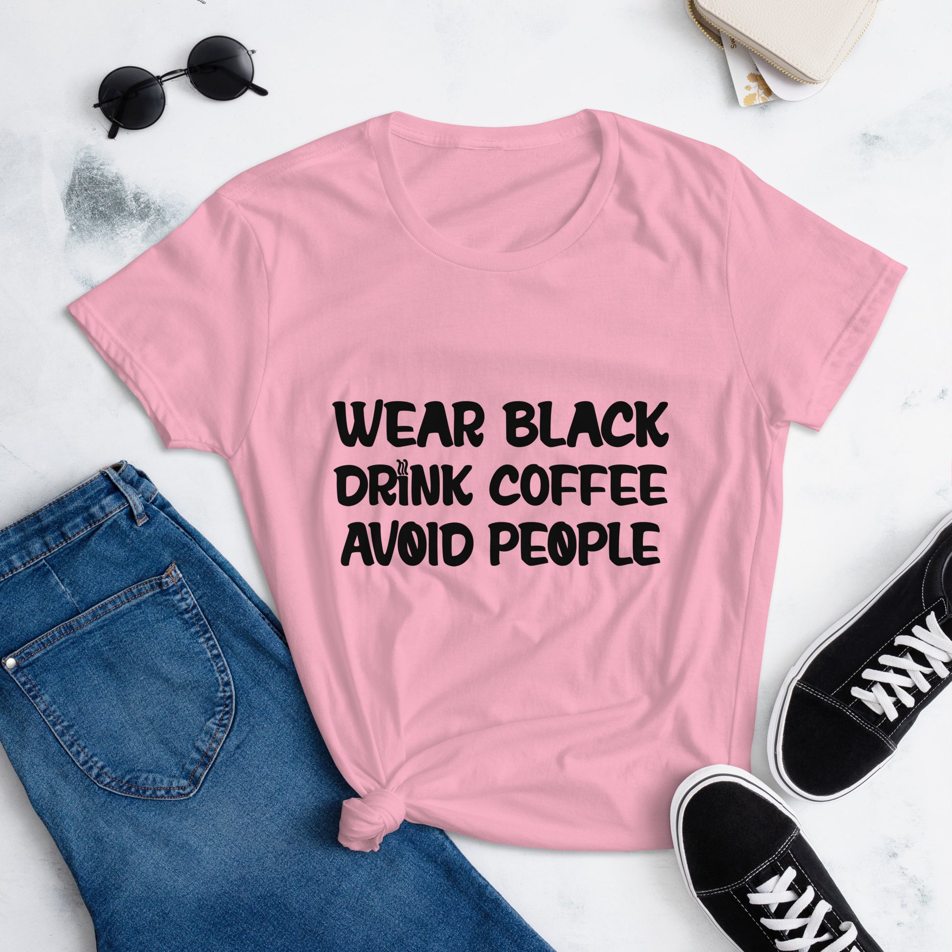 Black t-shirt with bold white text that reads 'Black, Coffee, People' designed for coffee lovers and introverts. The shirt features a minimalist design, emphasizing a love for coffee and quiet moments, perfect for casual wear.