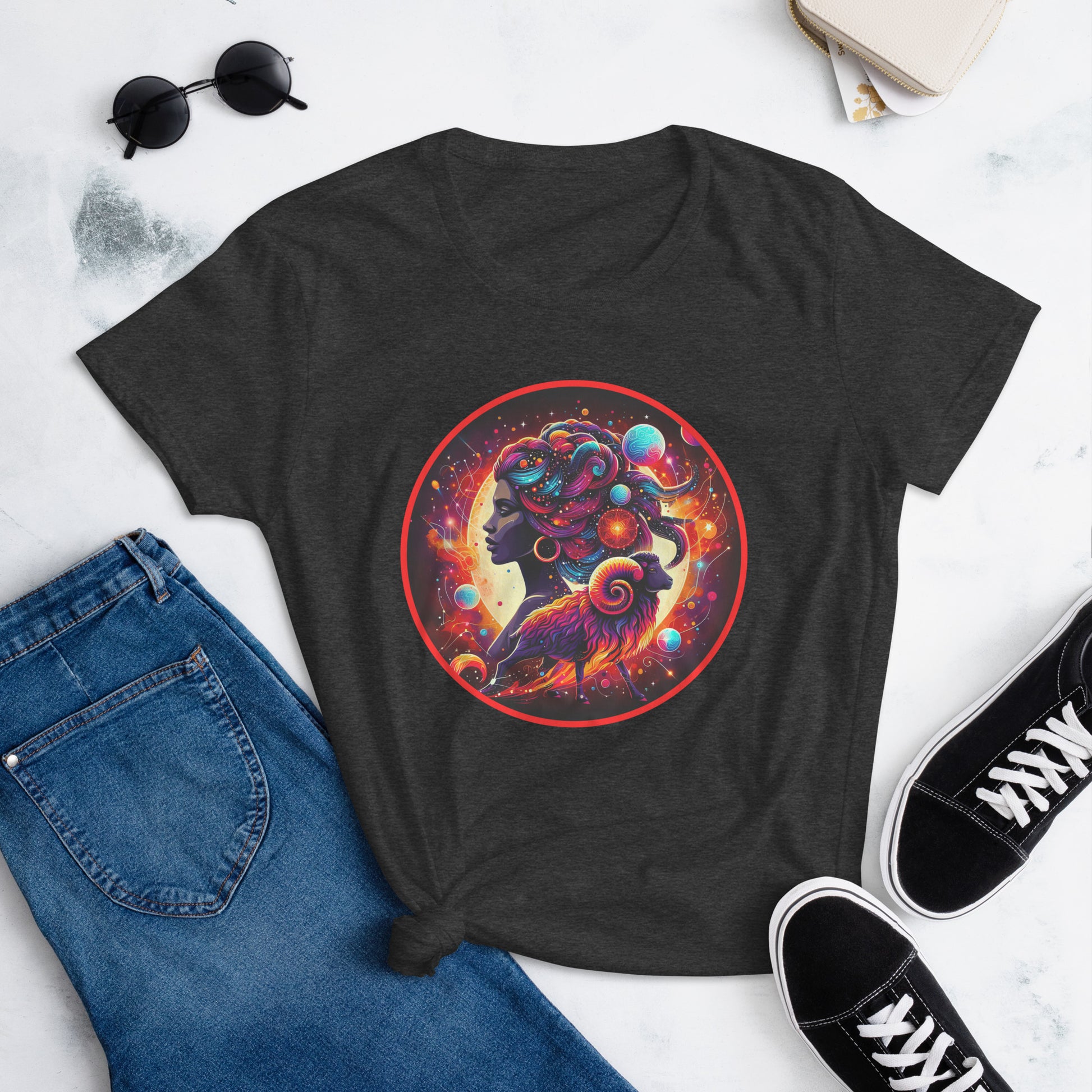 Vibrant Aries-themed artwork featuring a stylized Black woman and ram, symbolizing astrological leadership and Black female empowerment. On a tShirt.