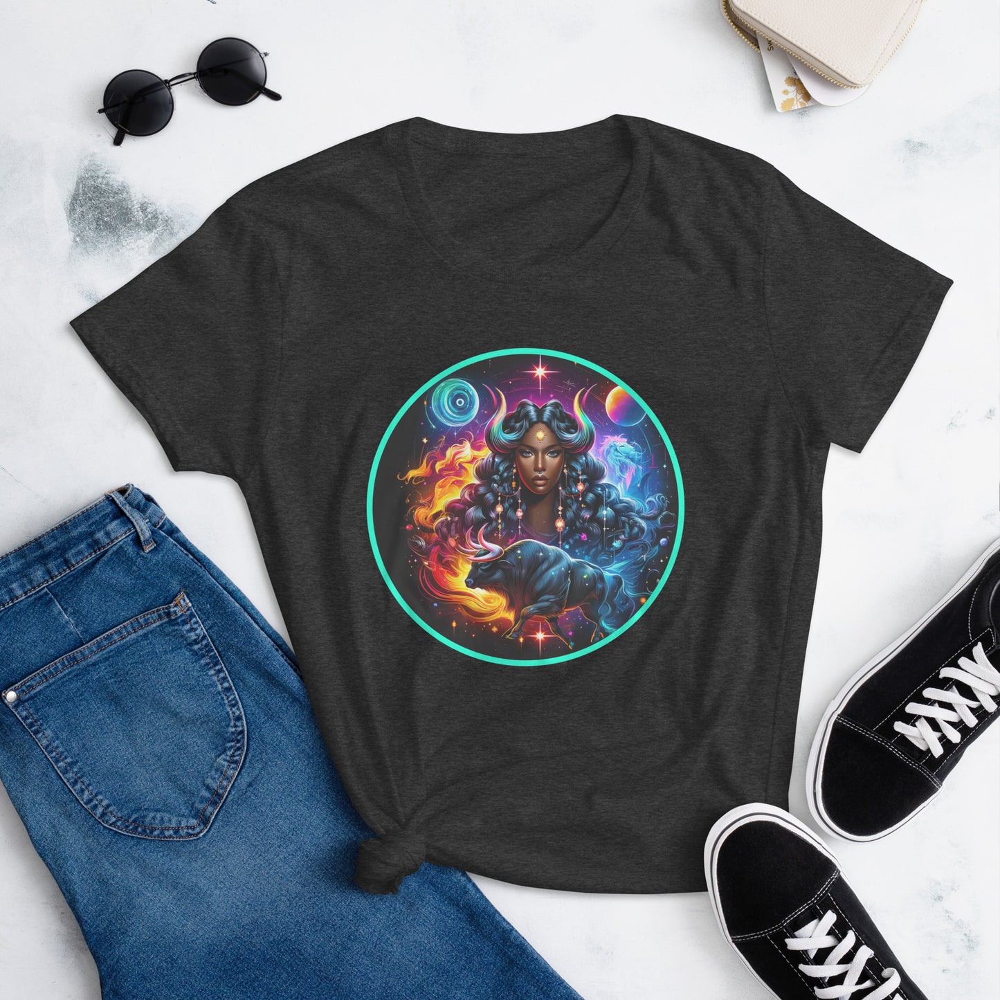 An enchanting Taurus Zodiac Wonders design on a T-shirt, highlighting a powerful Black woman, celestial bodies, and a mythological bull amidst a vibrant cosmic backdrop.