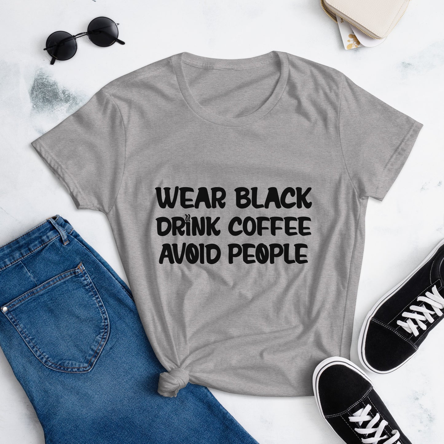 Black t-shirt with bold white text that reads 'Black, Coffee, People' designed for coffee lovers and introverts. The shirt features a minimalist design, emphasizing a love for coffee and quiet moments, perfect for casual wear.