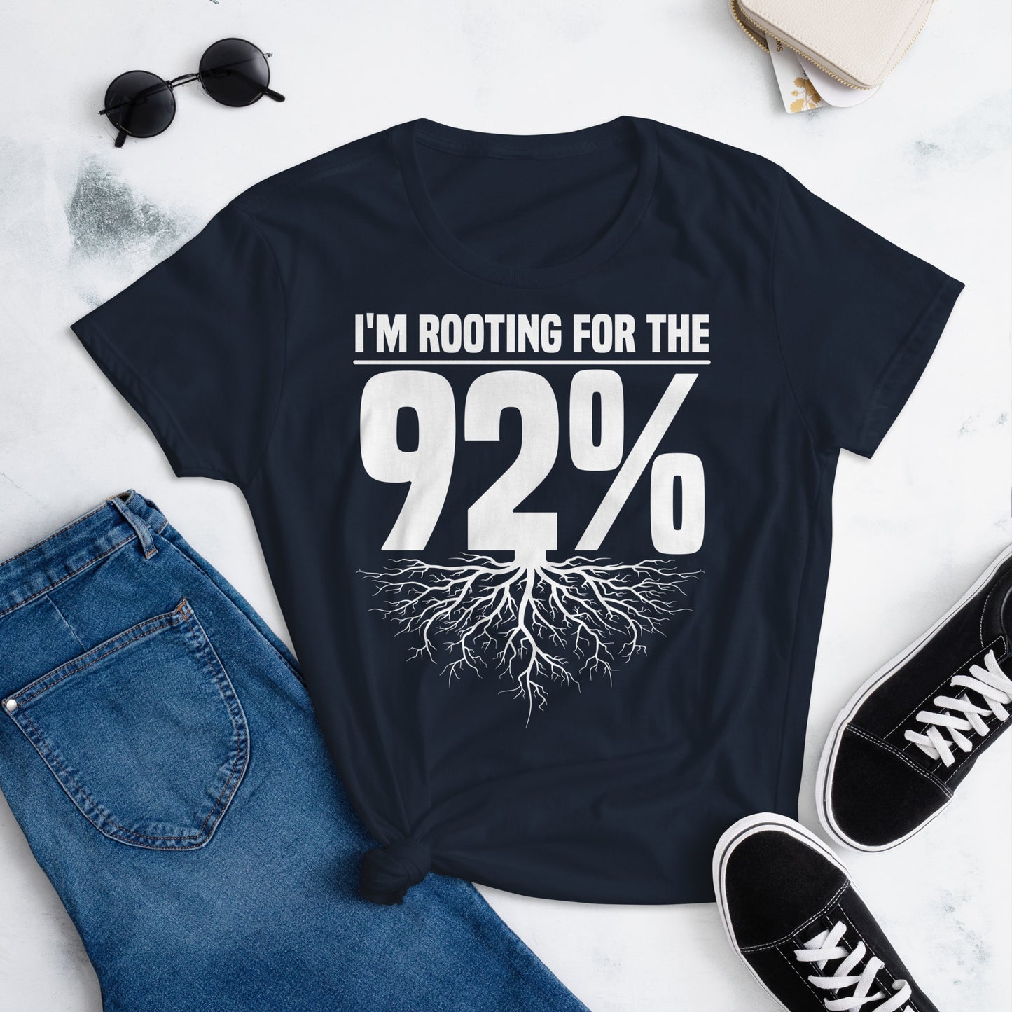 Graphic shirt celebrating Black women’s impact in the 2024 election, featuring 'Rooting for the 92%' text and a symbolic root design.