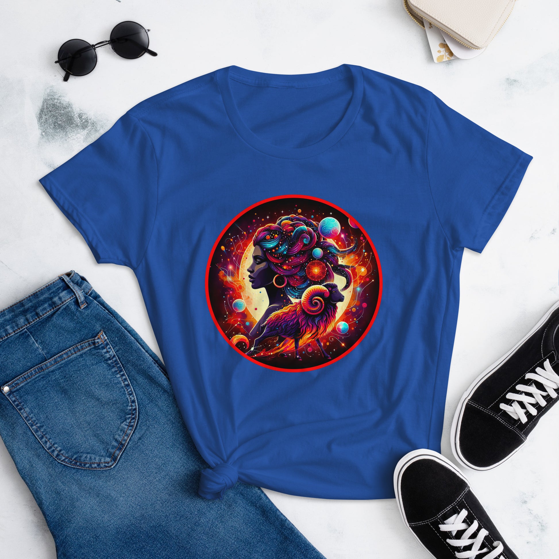 Vibrant Aries-themed artwork featuring a stylized Black woman and ram, symbolizing astrological leadership and Black female empowerment. On a tShirt.