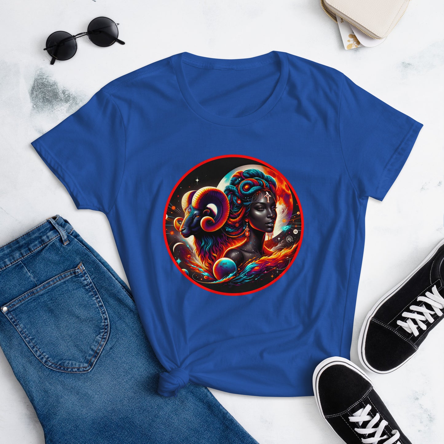 Vibrant Aries-themed artwork featuring a stylized Black woman and ram, symbolizing astrological leadership and Black female empowerment. On a tShirt.