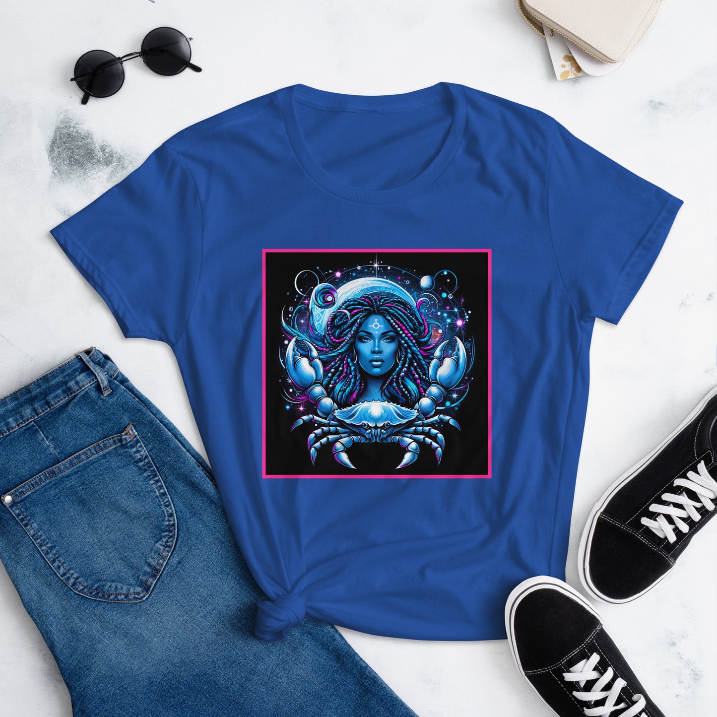 Illustration of a powerful Black woman with flowing dreadlocks, surrounded by a mystical Cancer zodiac crab and celestial elements, symbolizing strength and astrological magic.