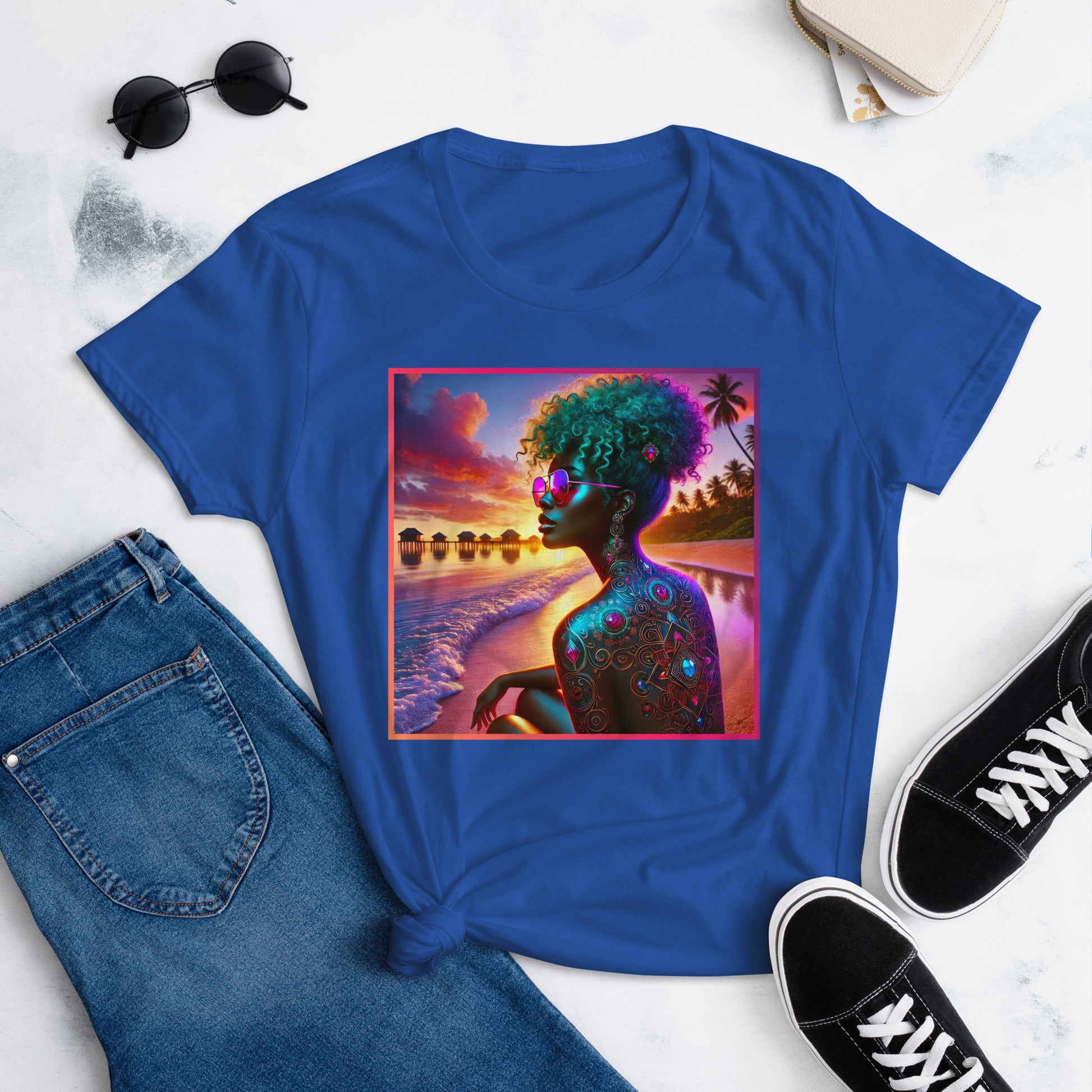 A vibrant, artistic t-shirt design featuring a strong Black woman with colorful curly hair, wearing reflective sunglasses, sitting on a beach at sunset. The background includes palm trees, beach huts, and a stunning gradient sky, showcasing empowerment, beauty, and confidence.