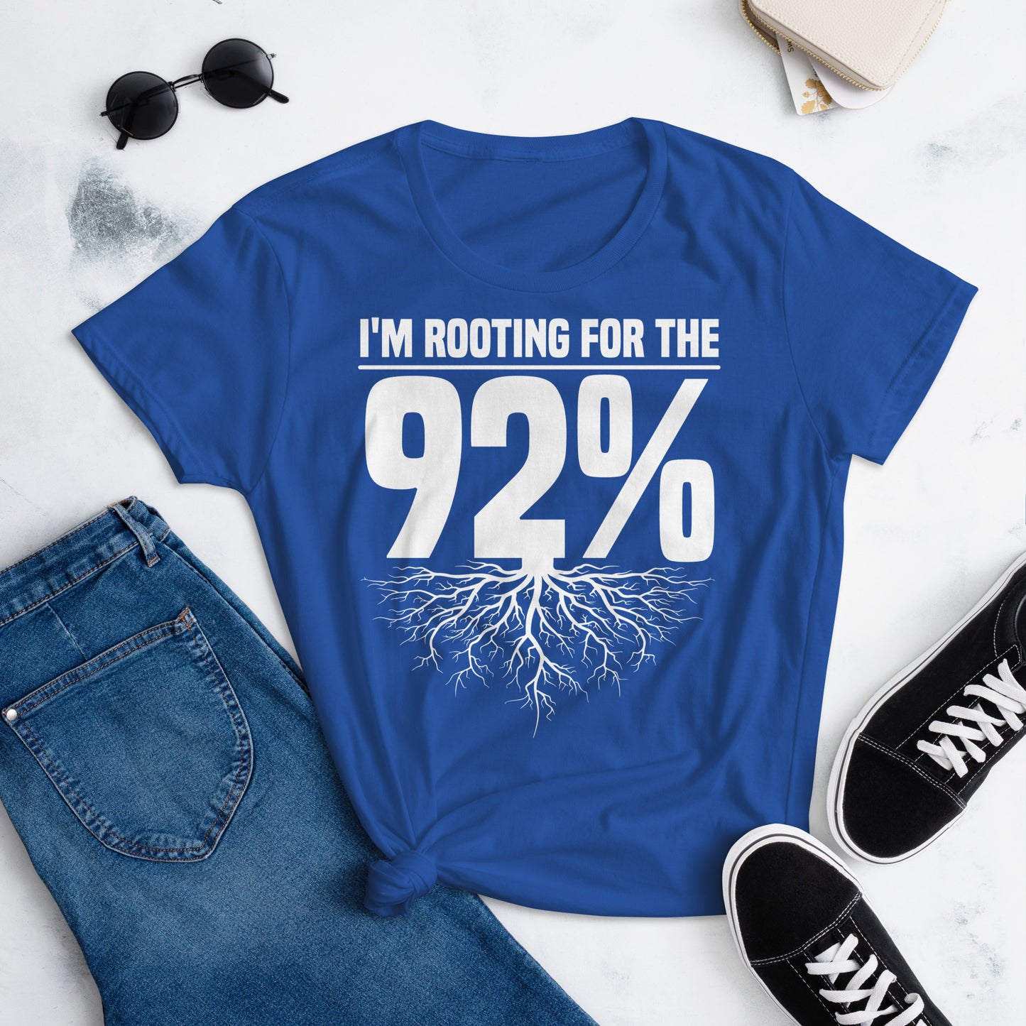 Graphic shirt celebrating Black women’s impact in the 2024 election, featuring 'Rooting for the 92%' text and a symbolic root design.