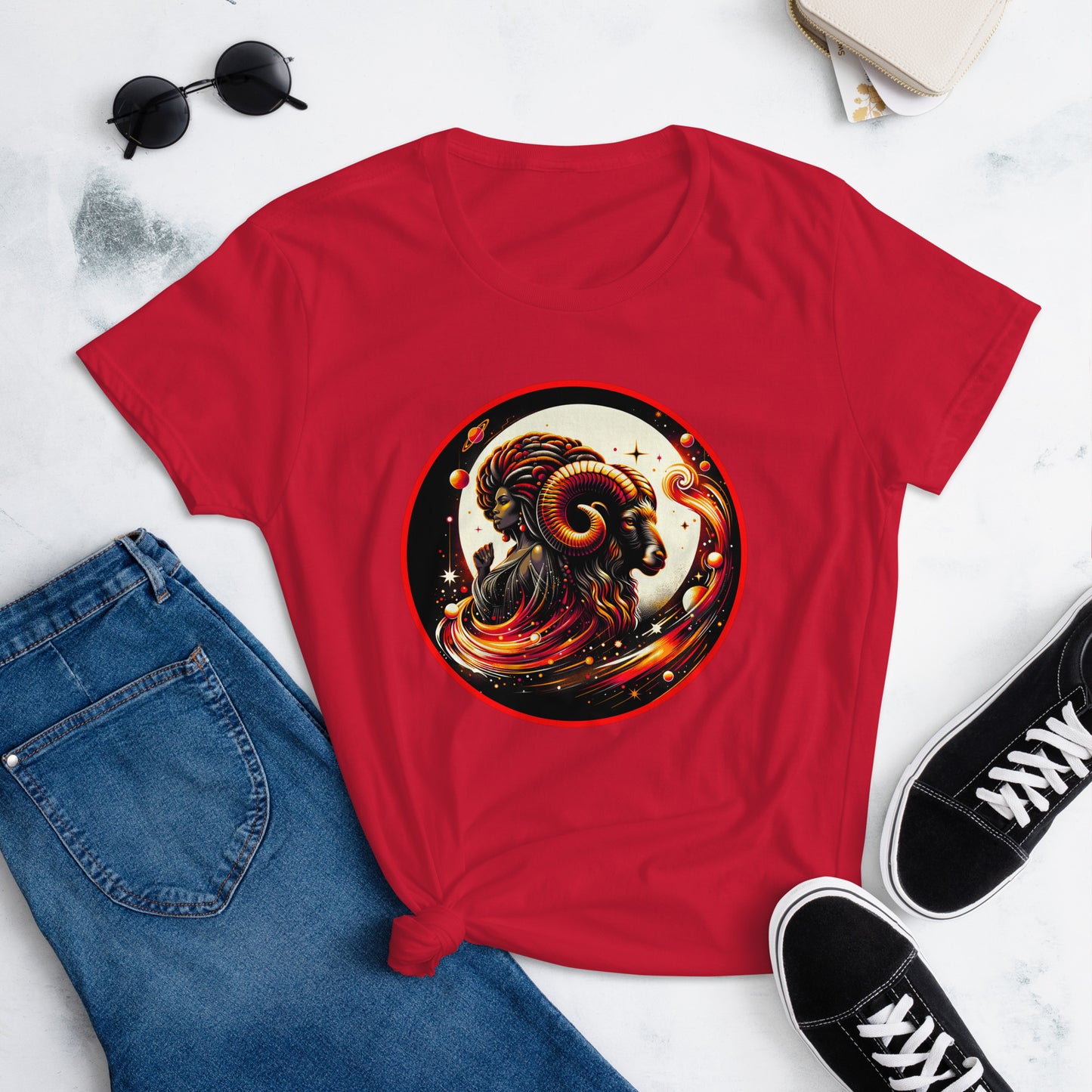 Vibrant Aries-themed artwork featuring a stylized Black woman and ram, symbolizing astrological leadership and Black female empowerment. On a tShirt.