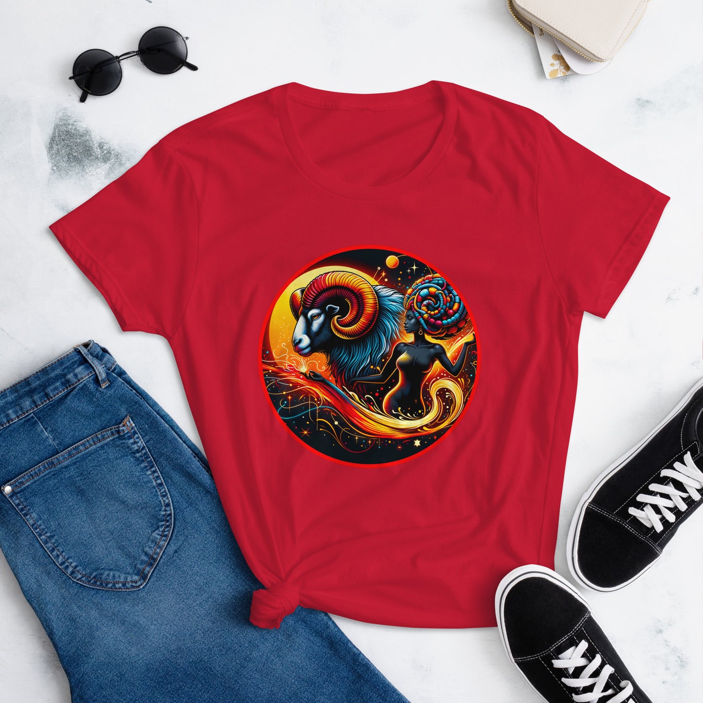 Vibrant Aries-themed artwork featuring a stylized Black woman and ram, symbolizing astrological leadership and Black female empowerment. On a tShirt.