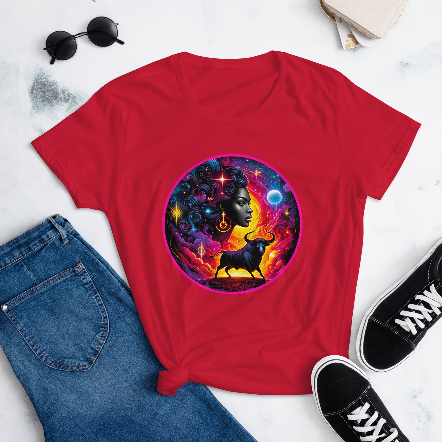 An enchanting Taurus Zodiac Wonders design on a T-shirt, highlighting a powerful Black woman, celestial bodies, and a mythological bull amidst a vibrant cosmic backdrop.