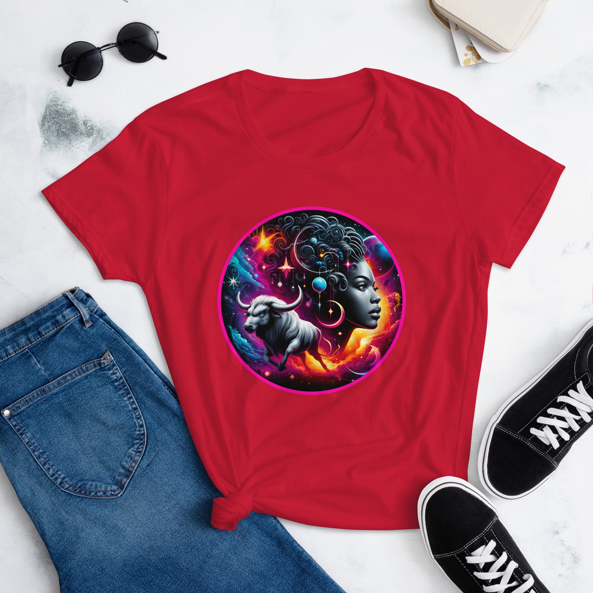 An enchanting Taurus Zodiac Wonders design on a T-shirt, highlighting a powerful Black woman, celestial bodies, and a mythological bull amidst a vibrant cosmic backdrop.