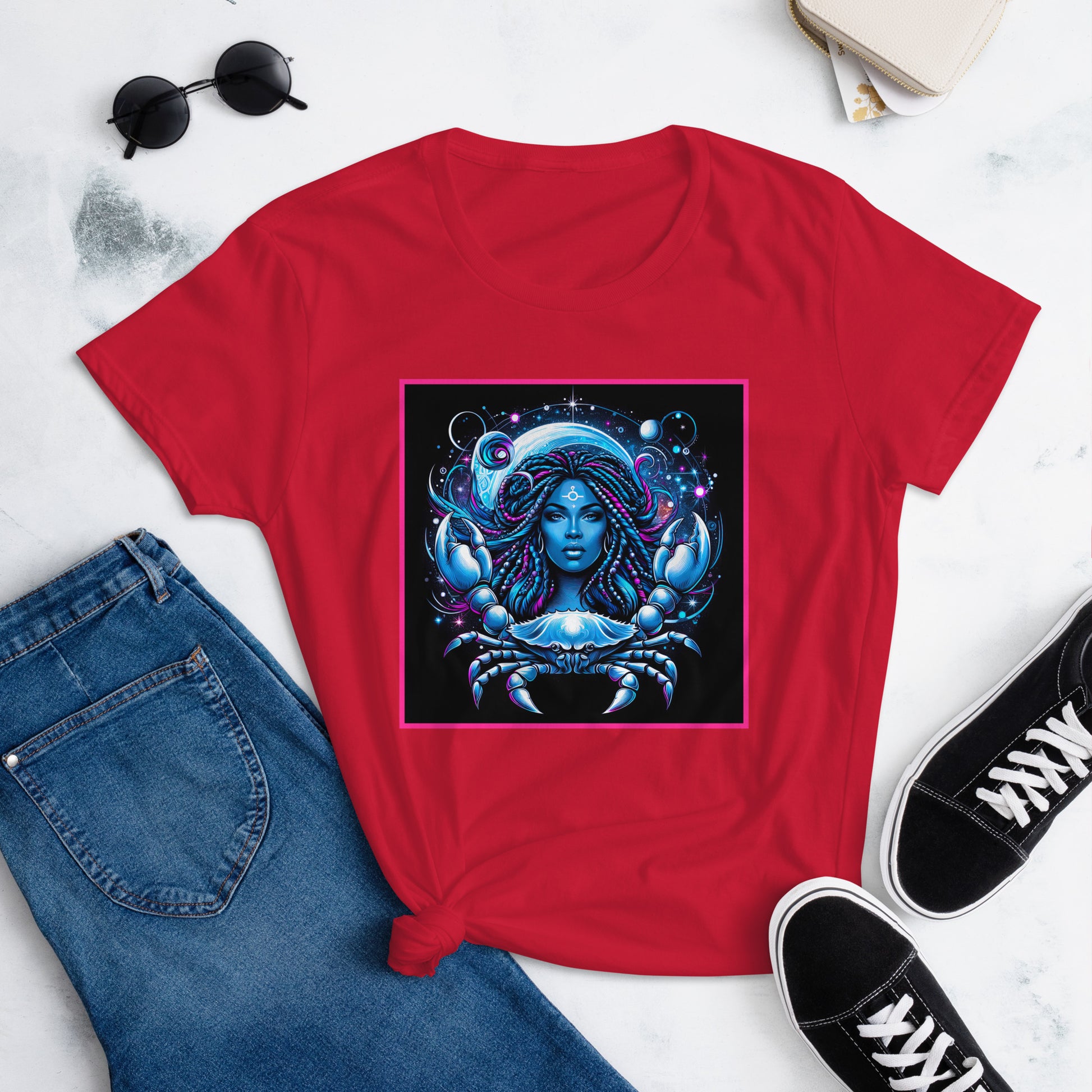 Illustration of a powerful Black woman with flowing dreadlocks, surrounded by a mystical Cancer zodiac crab and celestial elements, symbolizing strength and astrological magic.