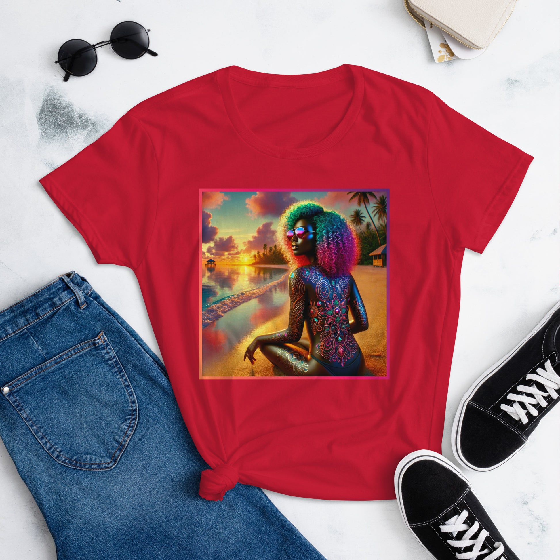 A vibrant, artistic t-shirt design featuring a strong Black woman with colorful curly hair, wearing reflective sunglasses, sitting on a beach at sunset. The background includes palm trees, beach huts, and a stunning gradient sky, showcasing empowerment, beauty, and confidence.