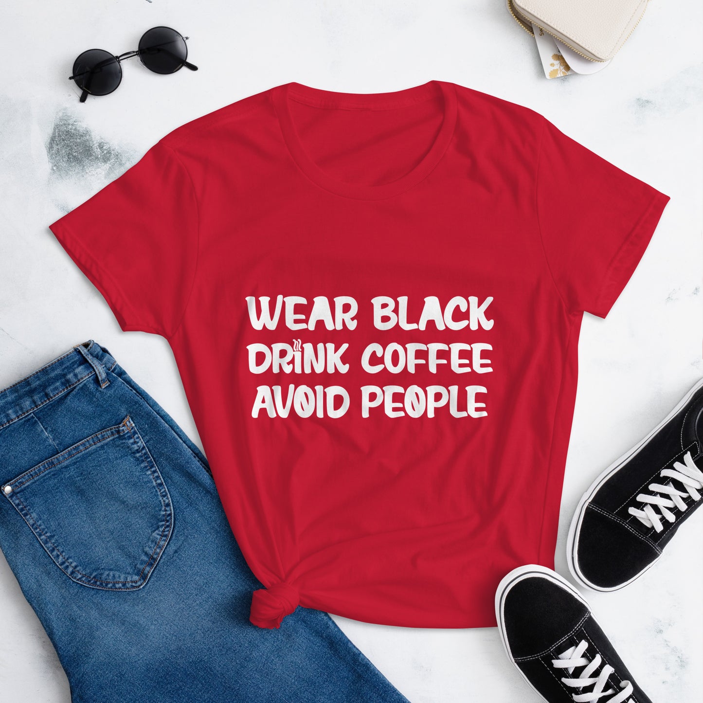 Black t-shirt with bold white text that reads 'Black, Coffee, People' designed for coffee lovers and introverts. The shirt features a minimalist design, emphasizing a love for coffee and quiet moments, perfect for casual wear.