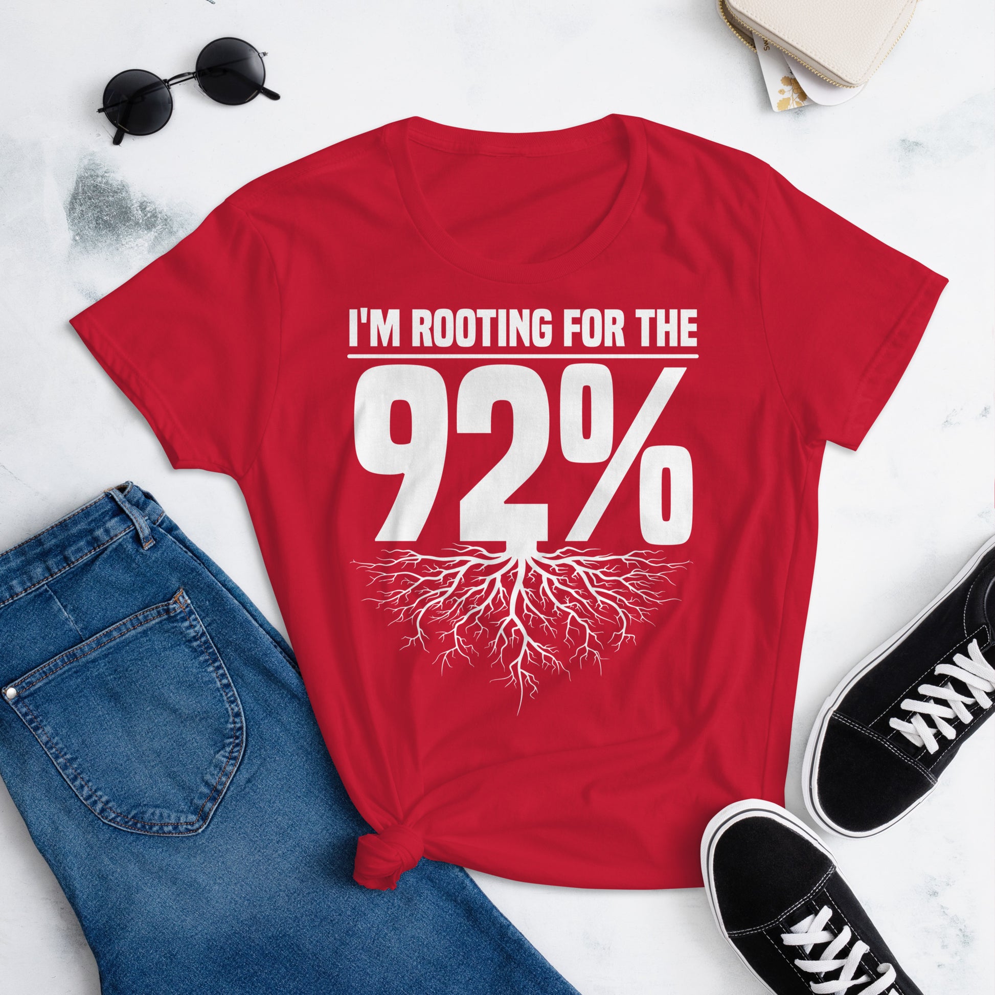 Graphic shirt celebrating Black women’s impact in the 2024 election, featuring 'Rooting for the 92%' text and a symbolic root design.