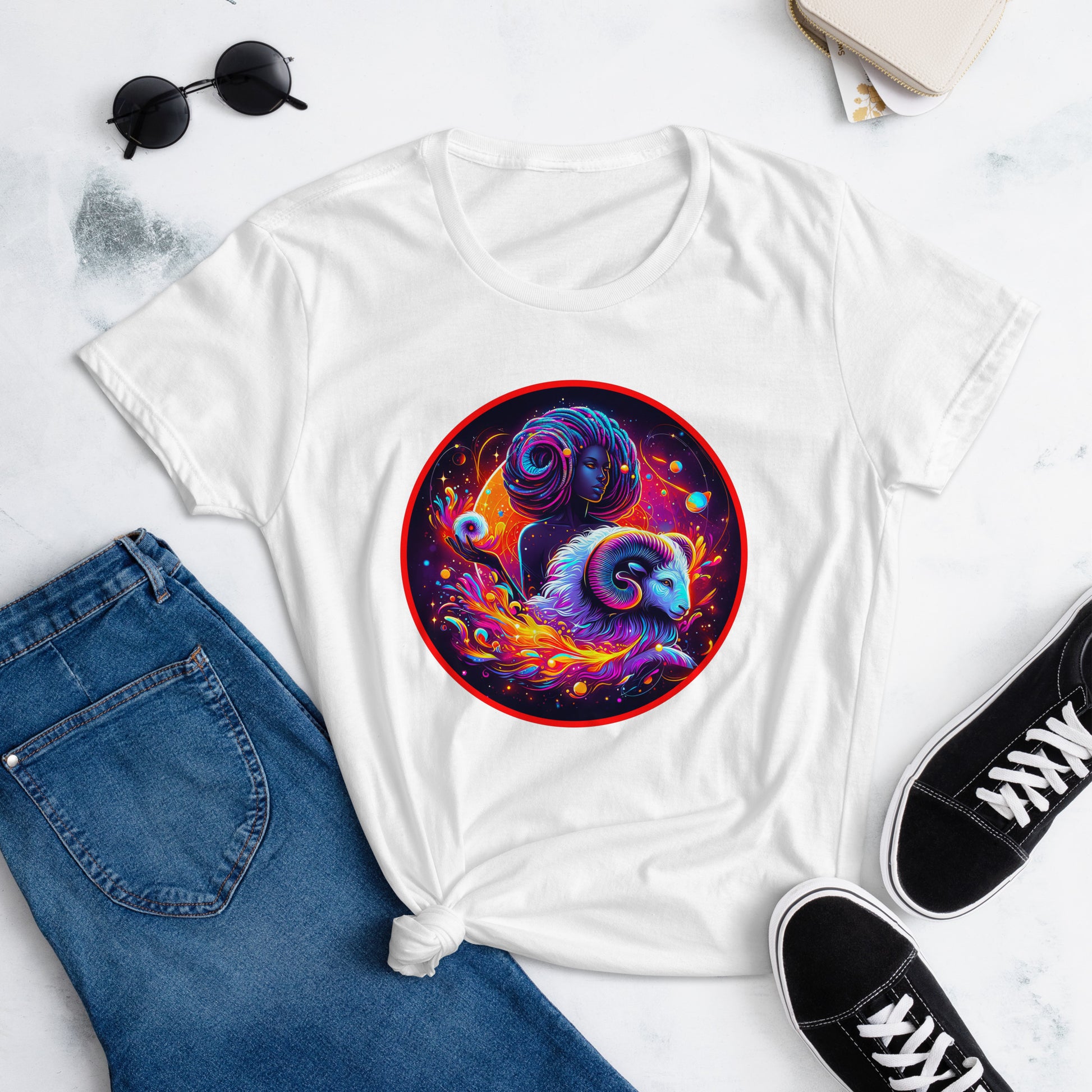 Vibrant Aries-themed artwork featuring a stylized Black woman and ram, symbolizing astrological leadership and Black female empowerment. On a tShirt.